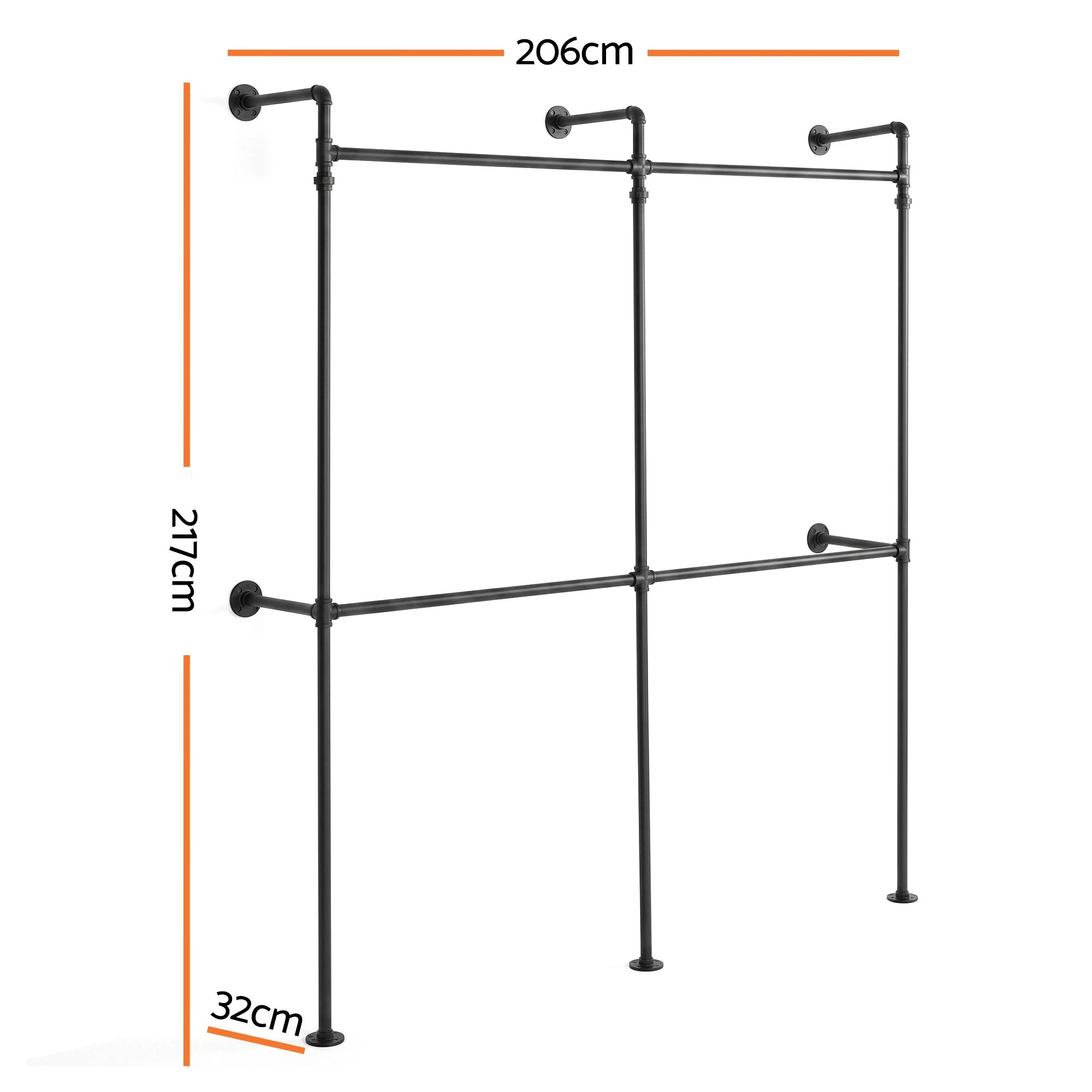 3 Artiss Industrial Pipe Clothing Rack Garment Clothes Display Stand Wall Mounted - Black, 3 of 8
