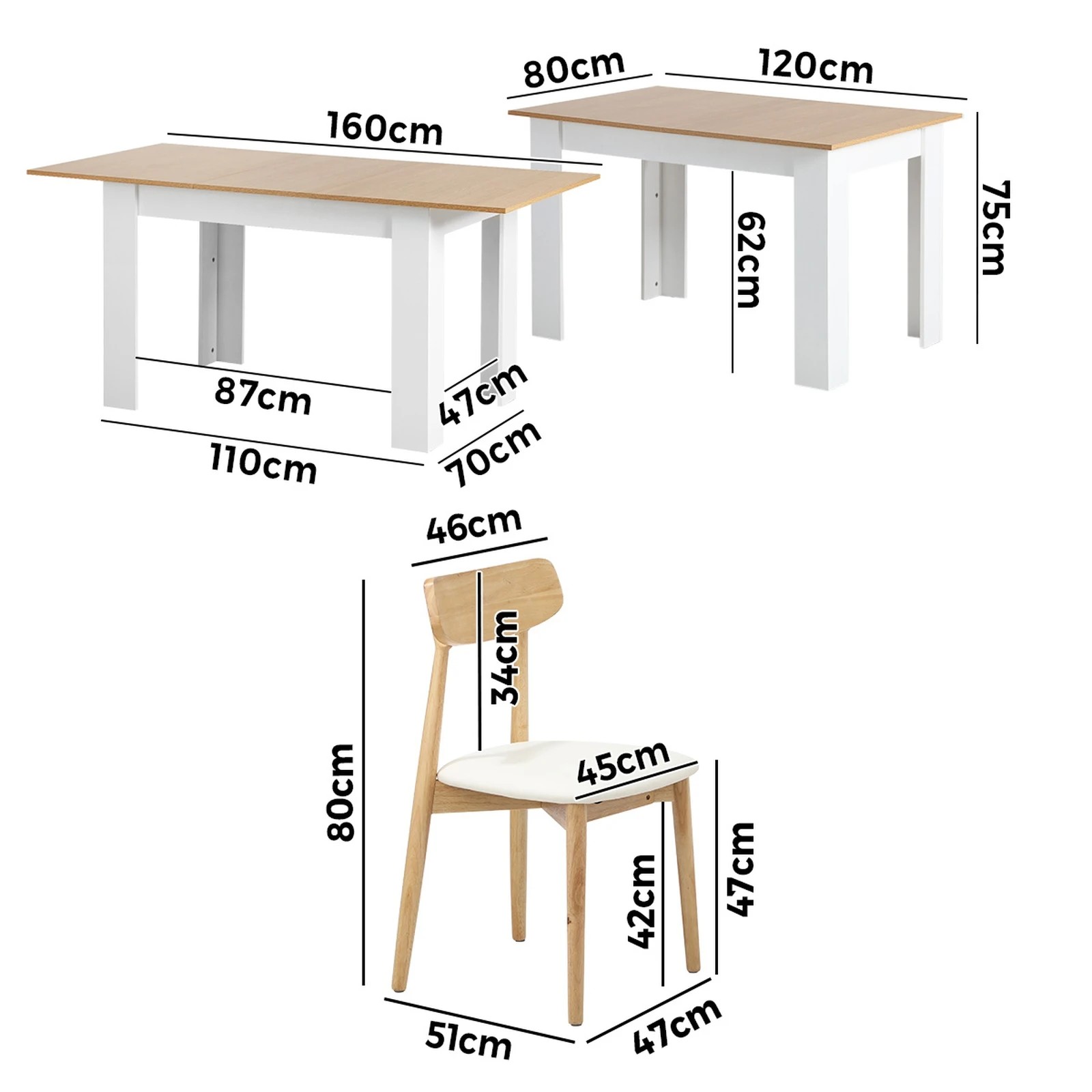 2 Oikiture 160cm Extendable Dining Table with 6x Dining Chairs PU Leather - Multi, 2 of 9