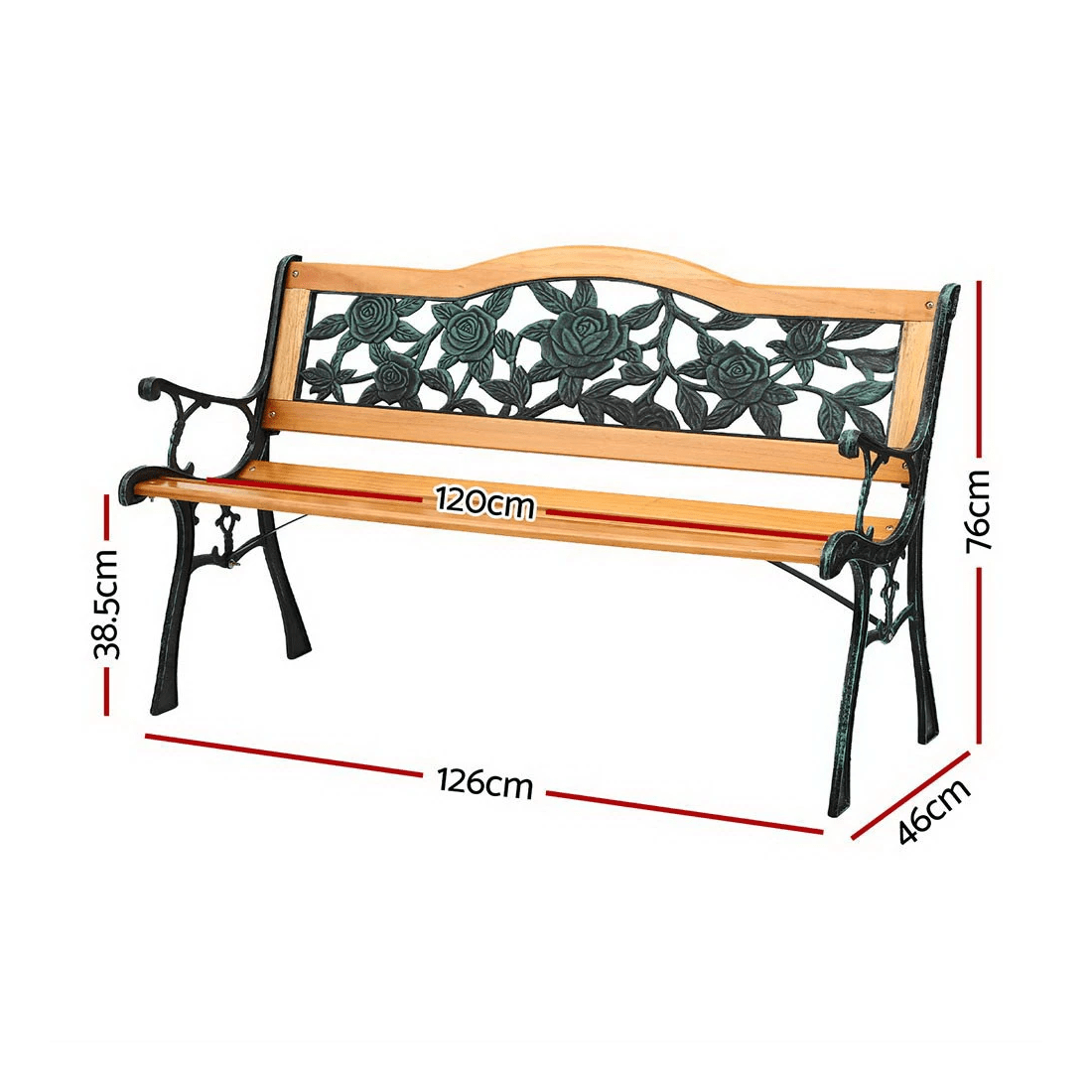 2 Gardeon Outdoor Garden Bench Seat 126cm Wooden Cast Iron 3 Seater Patio Furniture - Brown, 2 of 6
