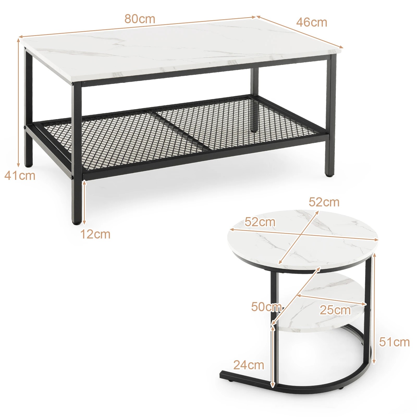 2 Costway Coffee Table Nesting Set of 2 w/Faux Marble Tabletop Stacking Side Table - Black, 2 of 6