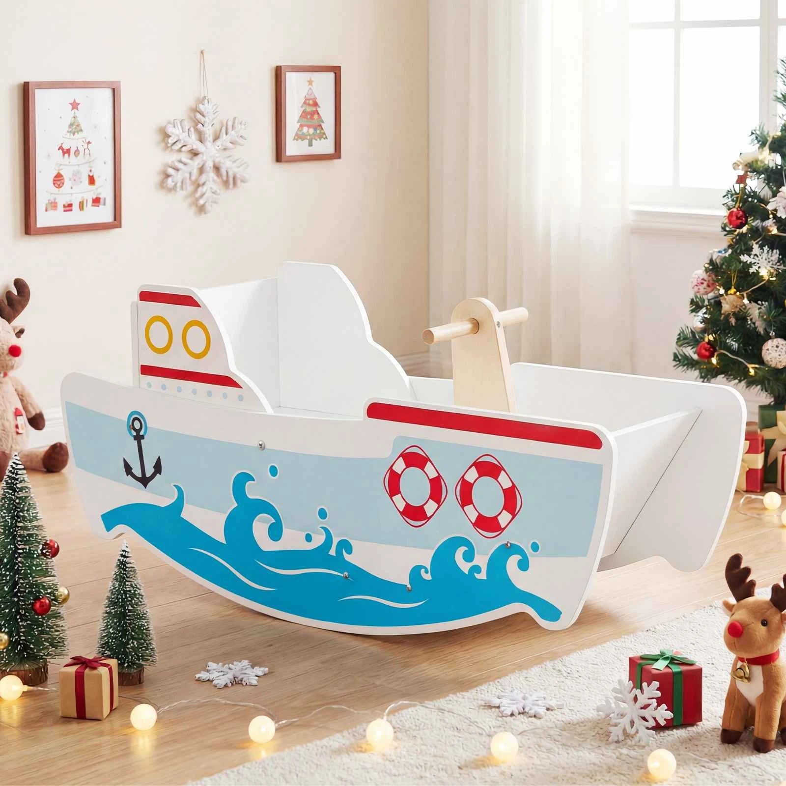 2 Costway Wooden Rocking Horse Ride on Toy Rocker Nautical Ship Riding Boat, 2 of 2