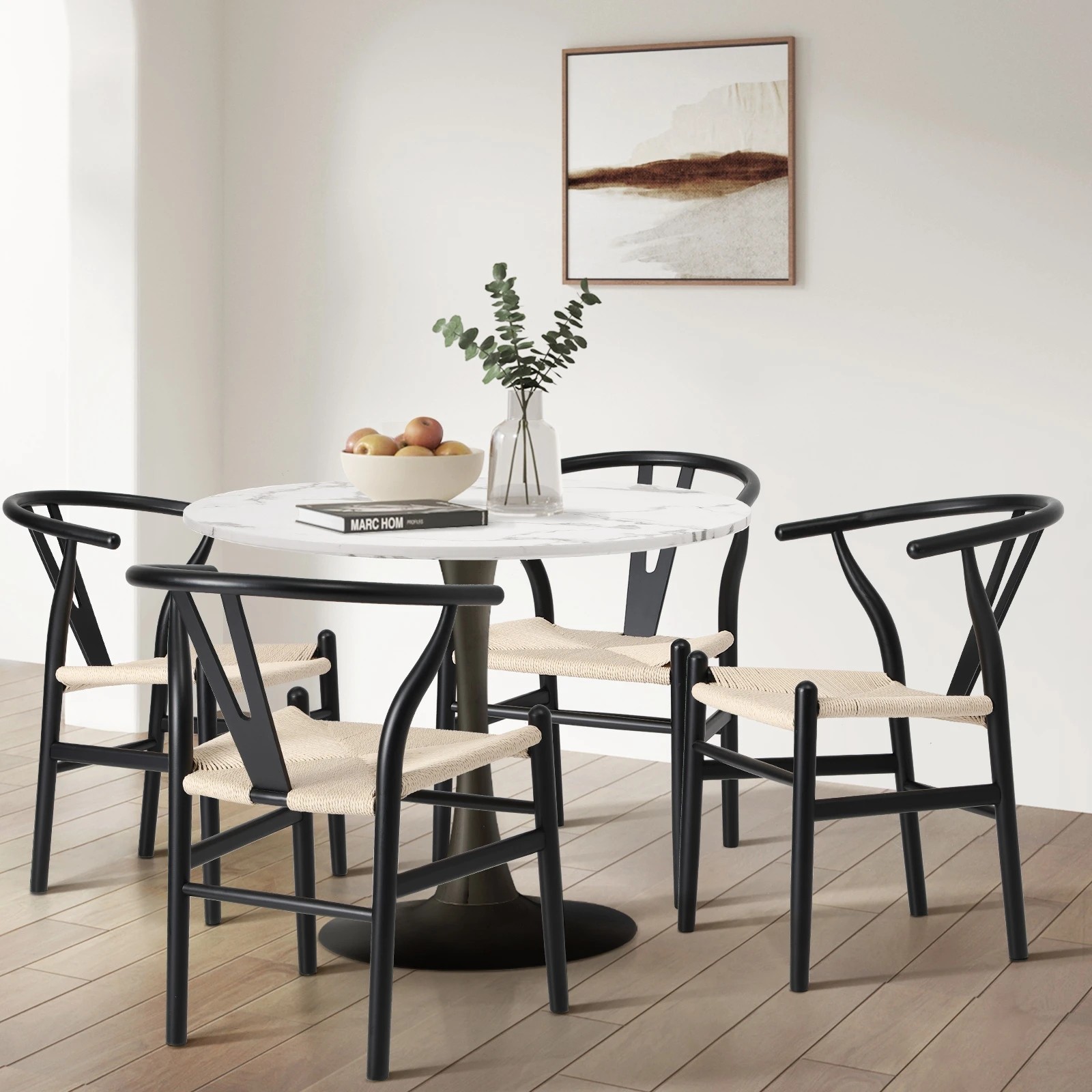3 Oikiture Dining Chair Wooden Hans Wegner Chair Wishbone Cafe Lounge Seat
 - Black, 3 of 10