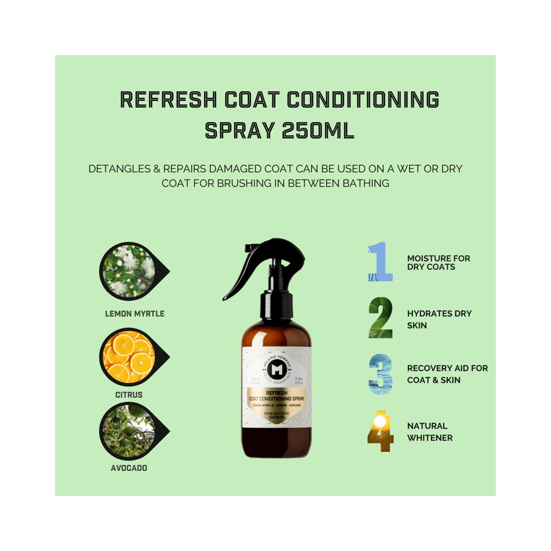 3 Melanie Newman Refresh Coat Conditioner Spray for Dogs Lemon Myrtle 250ml, 3 of 3