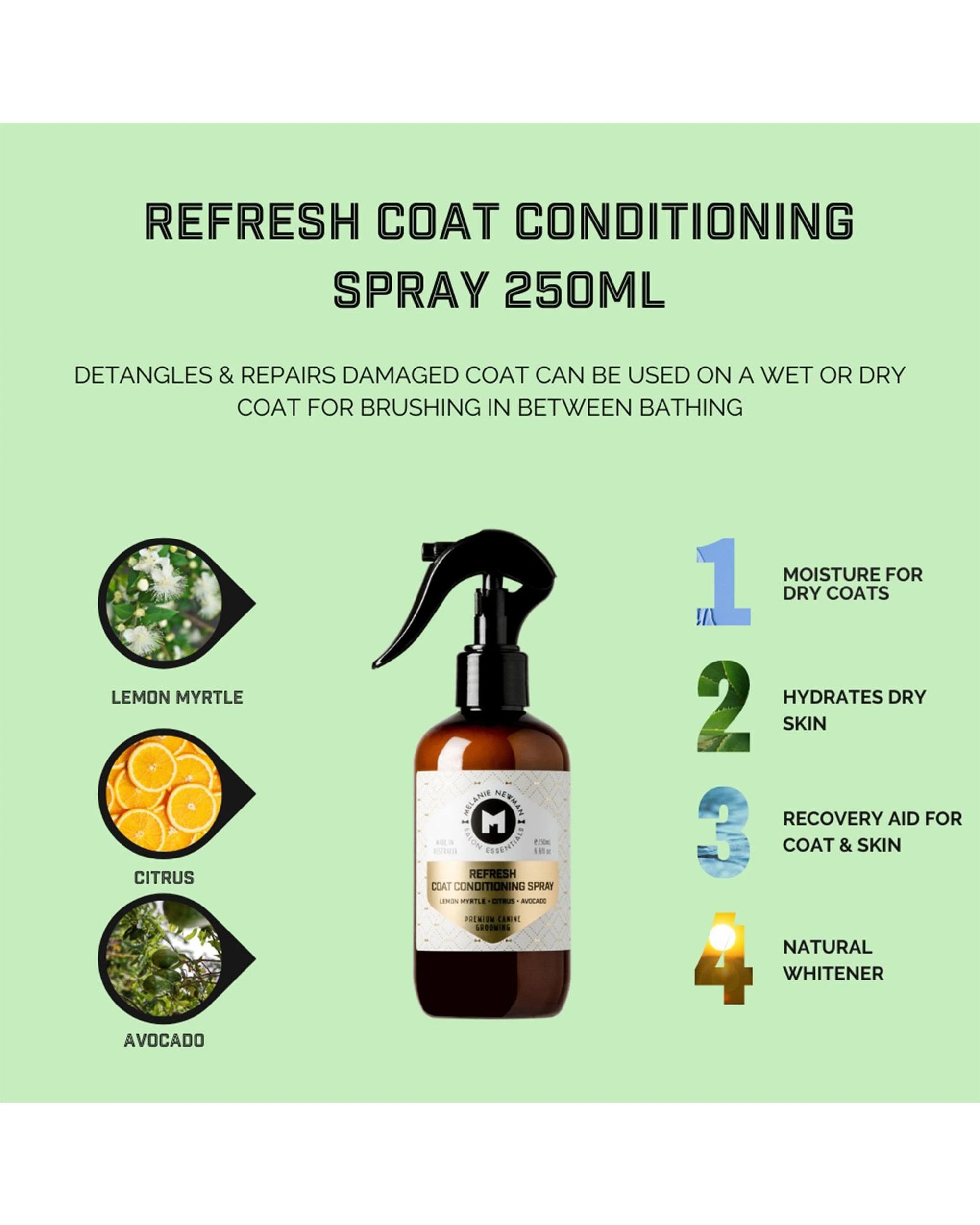 3 Melanie Newman Refresh Coat Conditioner Spray for Dogs Lemon Myrtle 250ml, 3 of 3