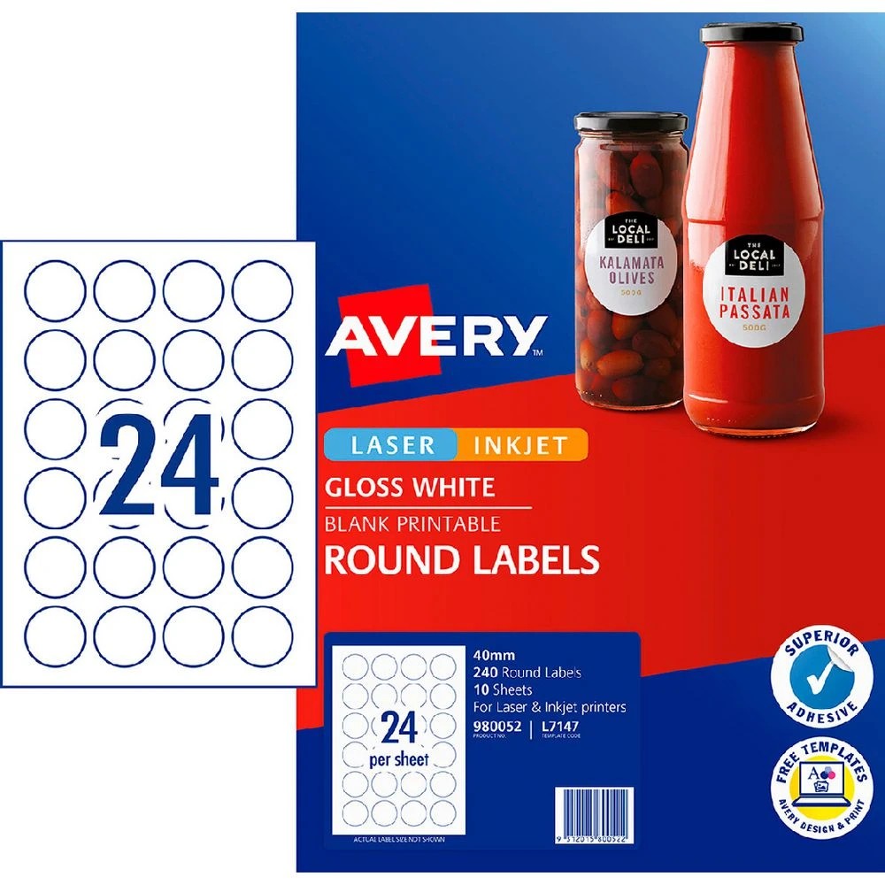 1 Avery 24UP Inkjet Laser Round Gloss Label 40mm White 10 Sheet, 1 of 6