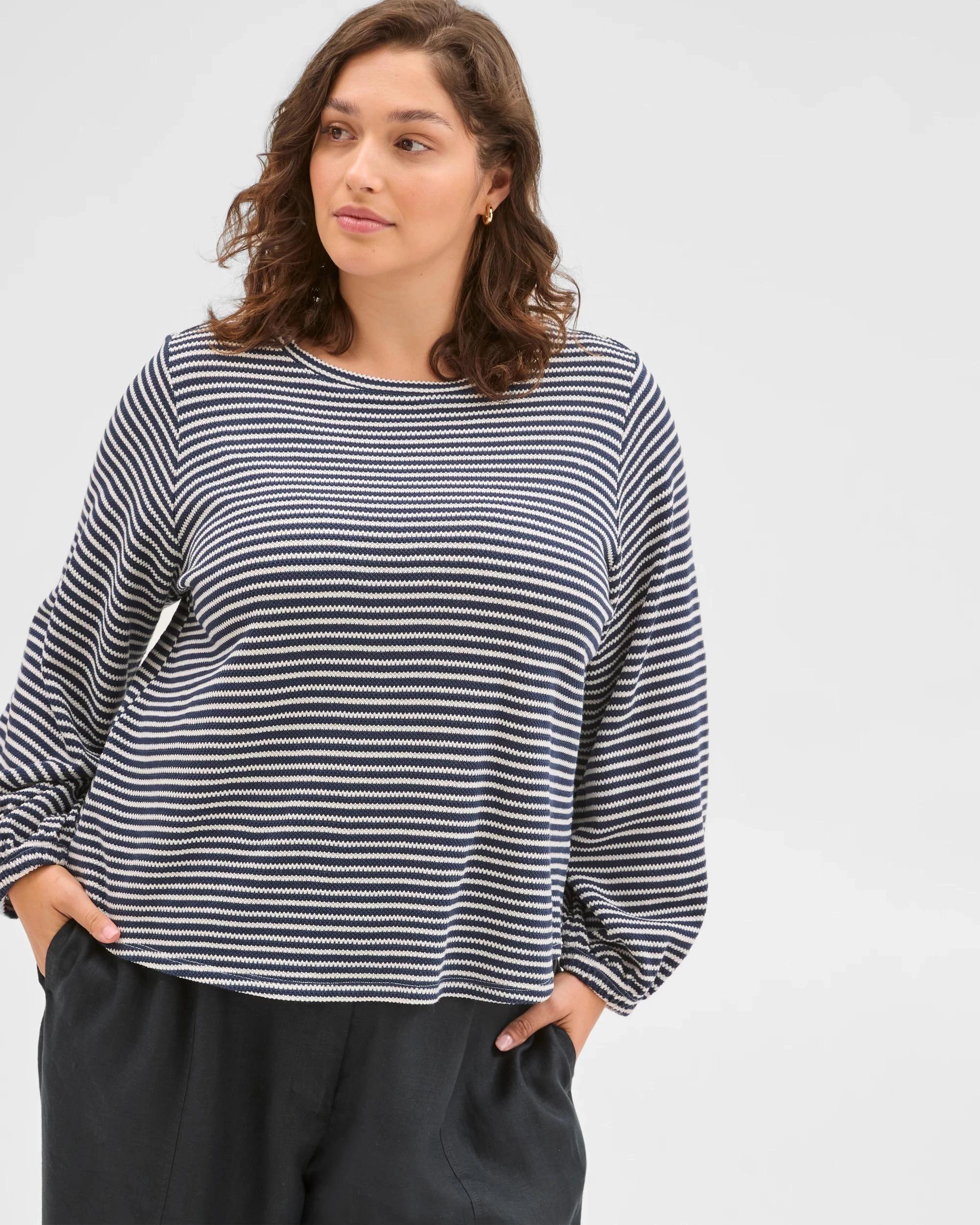 3 Target Curve Plus Size Australian Cotton Long Sleeve Stripe Textured Top NAVY BLAZER/CLOUD DANCER, 3 of 6