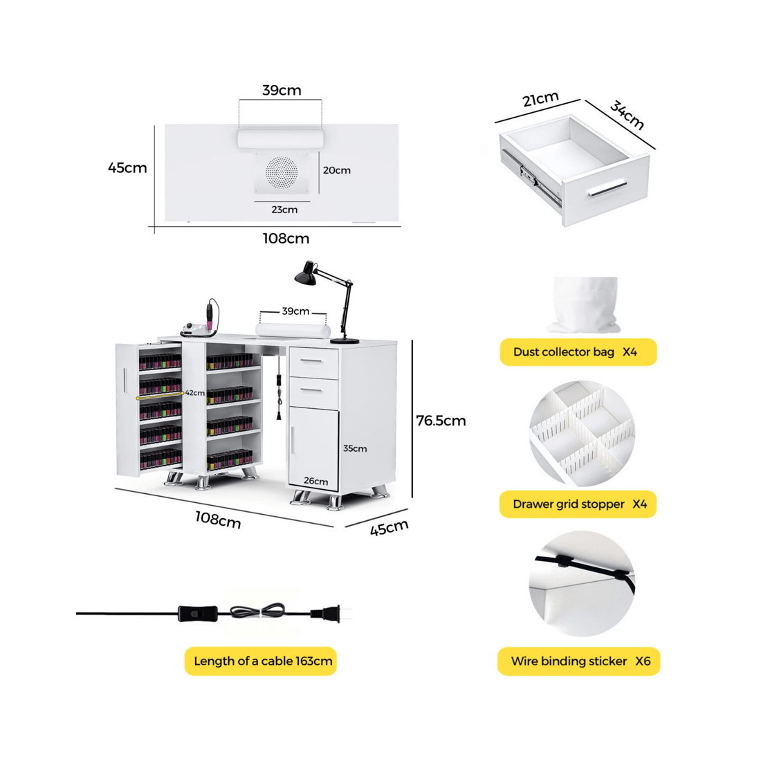 8 Advwin Manicure Table Nail Tech Desk Dressing Table Dust Collector Drawers Cabinet Storage
 - White, 8 of 10