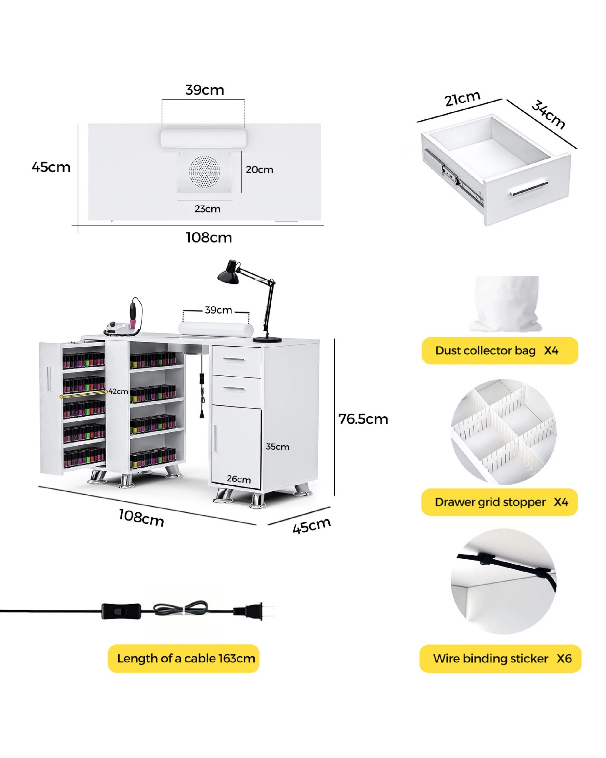 6 Advwin Manicure Table Nail Tech Desk Dressing Table Dust Collector Drawers Cabinet Storage
 - White, 6 of 8