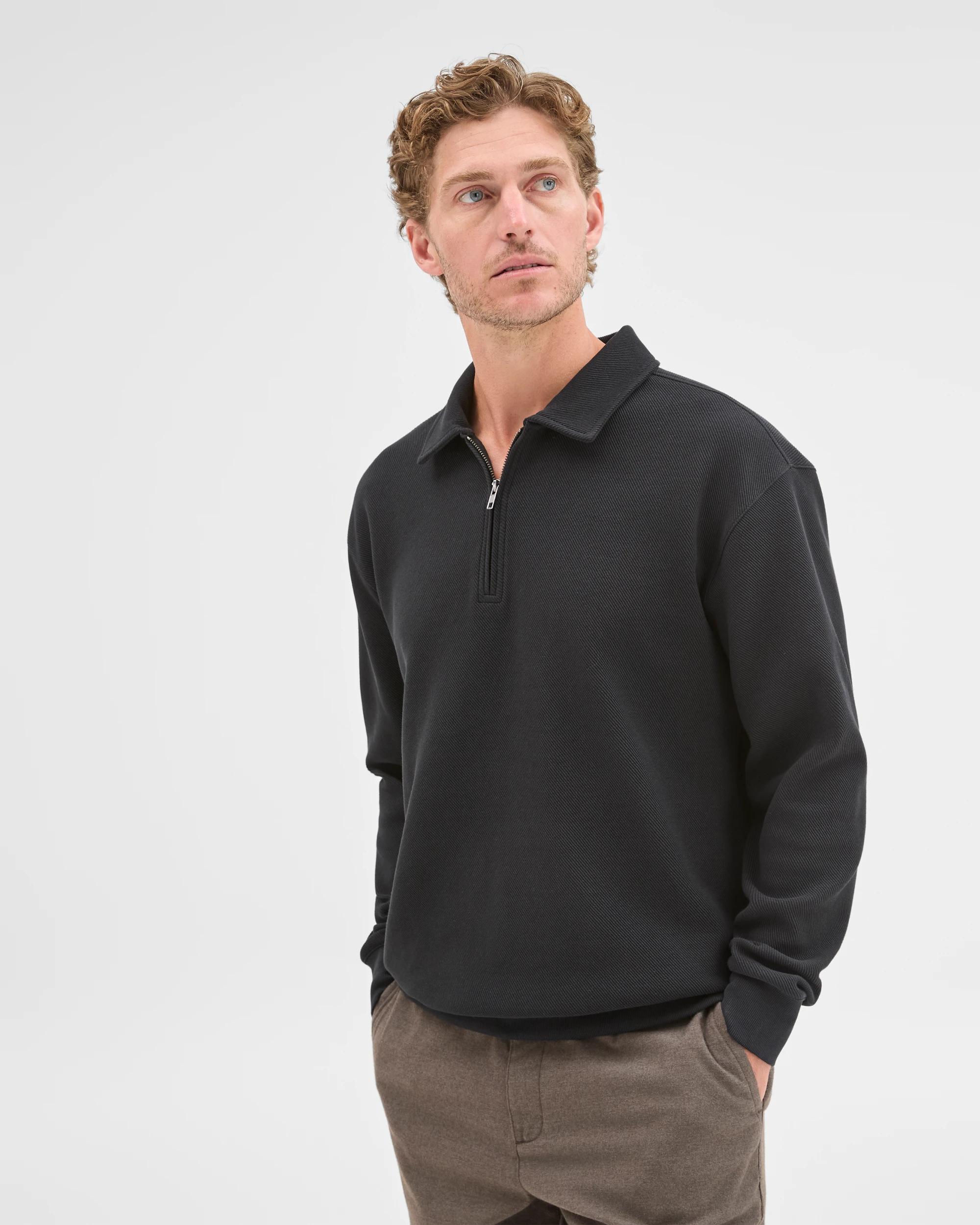 1 Target Man Australian Cotton Blend Textured Fleece 1/4 Zip Collared Top BLACK, 1 of 5