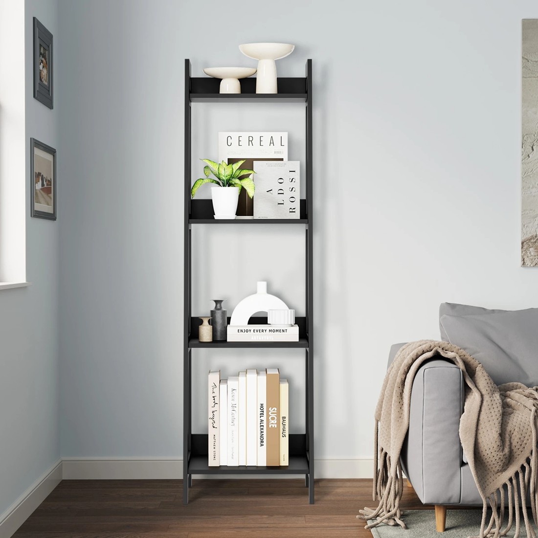 3 Oikiture Bookshelf 4 Tier Corner Ladder Shelf Home Storage Display Rack
 - Black, 3 of 9