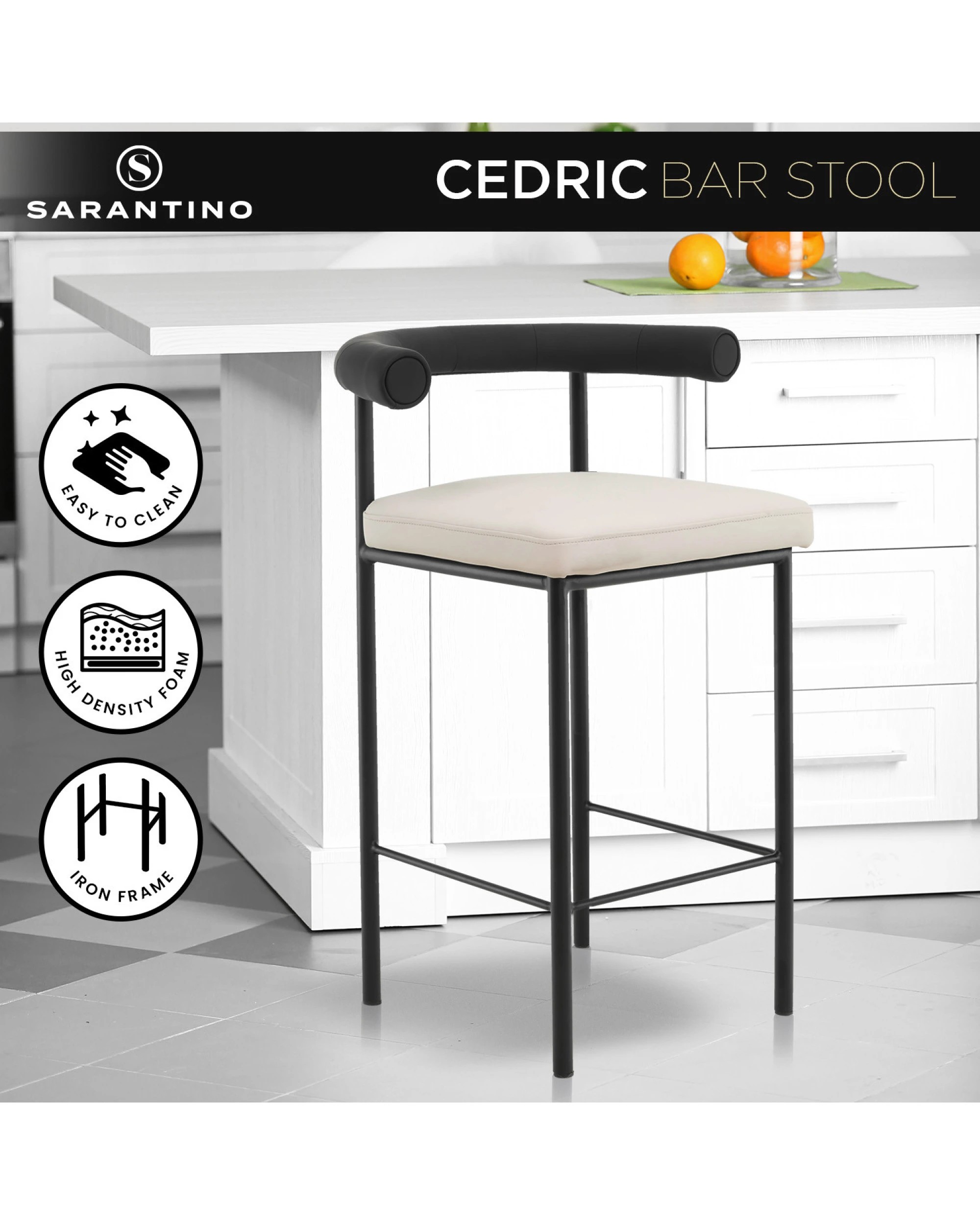 2 Sarantino Cedric Kitchen Bar Stool - Black And Beige, 2 of 10