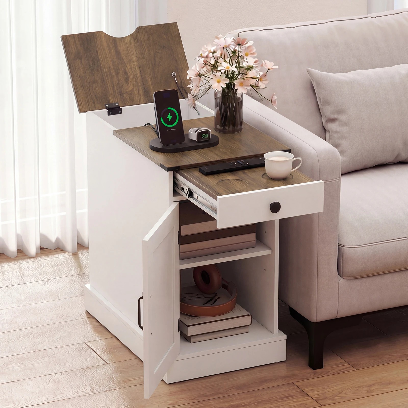 3 Costway Bedside Table w/Power Outlets Sofa Side Table - White, 3 of 7