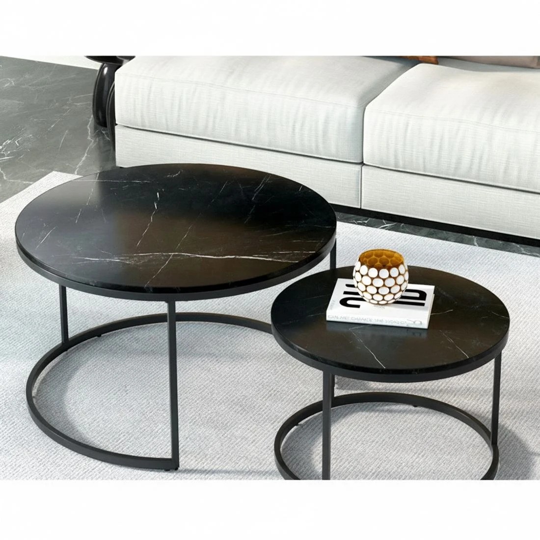 4 Artiss Nesting Coffee Table Set of 2 Marble Effect Tika - Black, 4 of 5