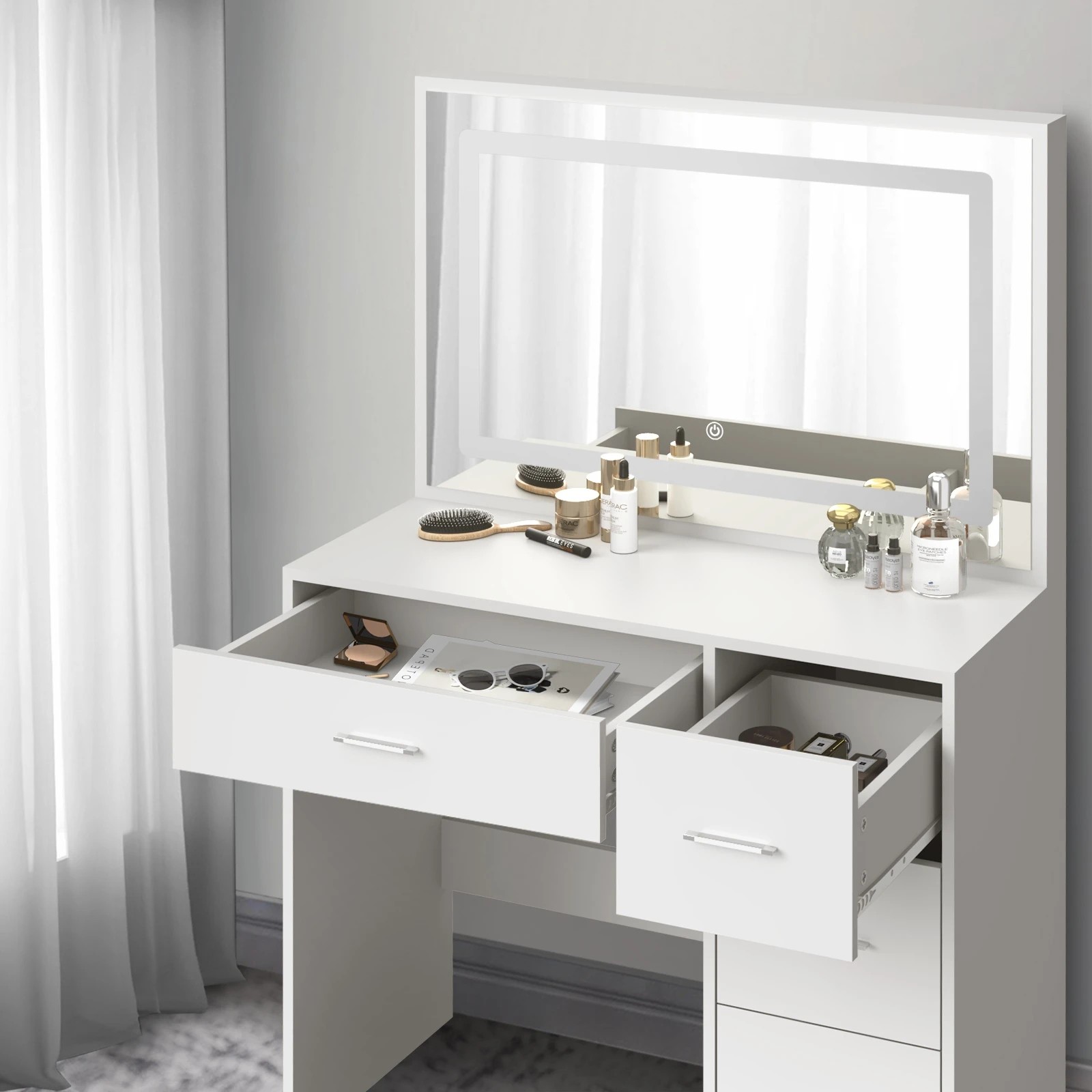 5 Oikiture Dressing Table Stool Set Large Makeup Mirror Led Light Vanity
 - White, 5 of 9