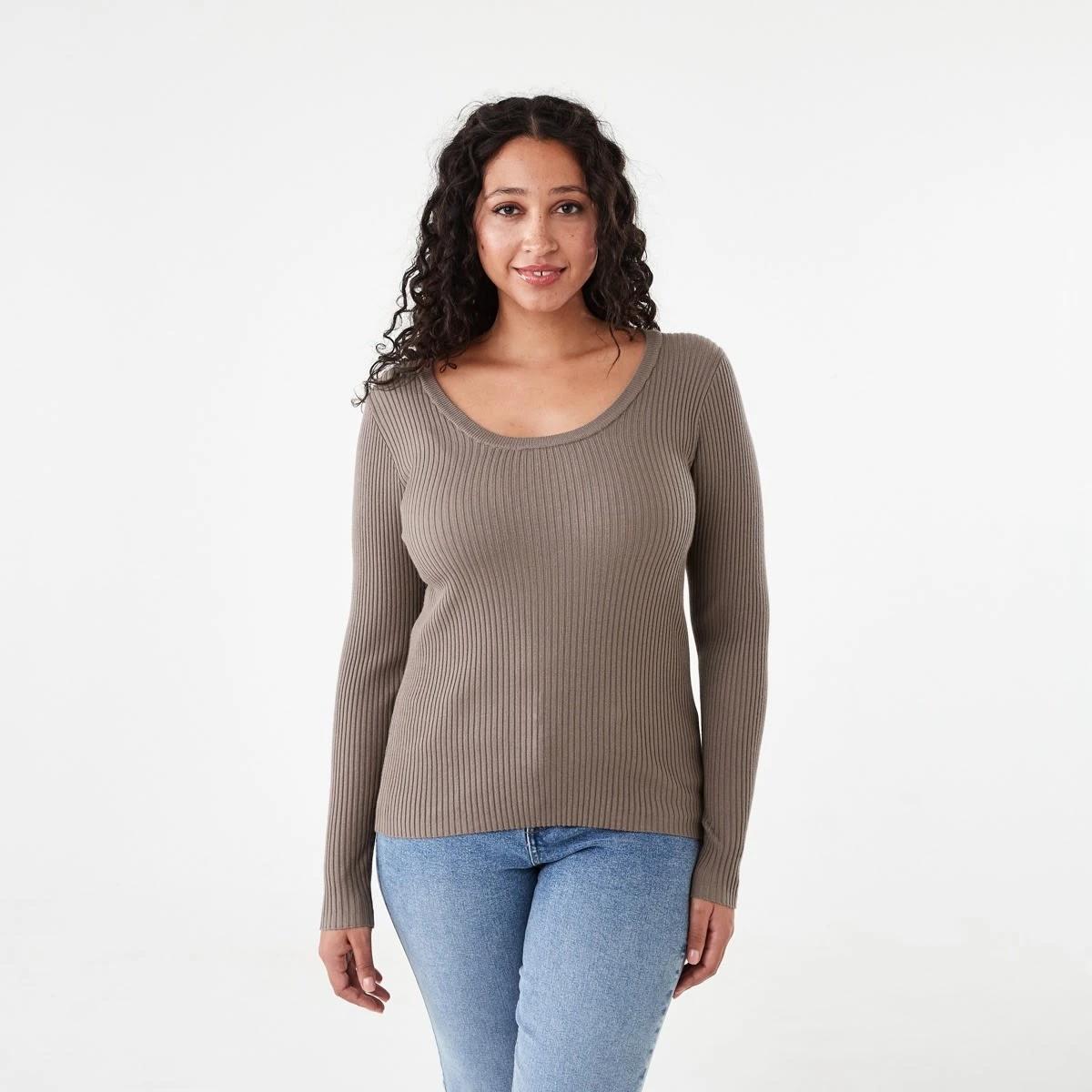 1 Long Sleeve Scoop Neck Top Taupe Brn, 1 of 5