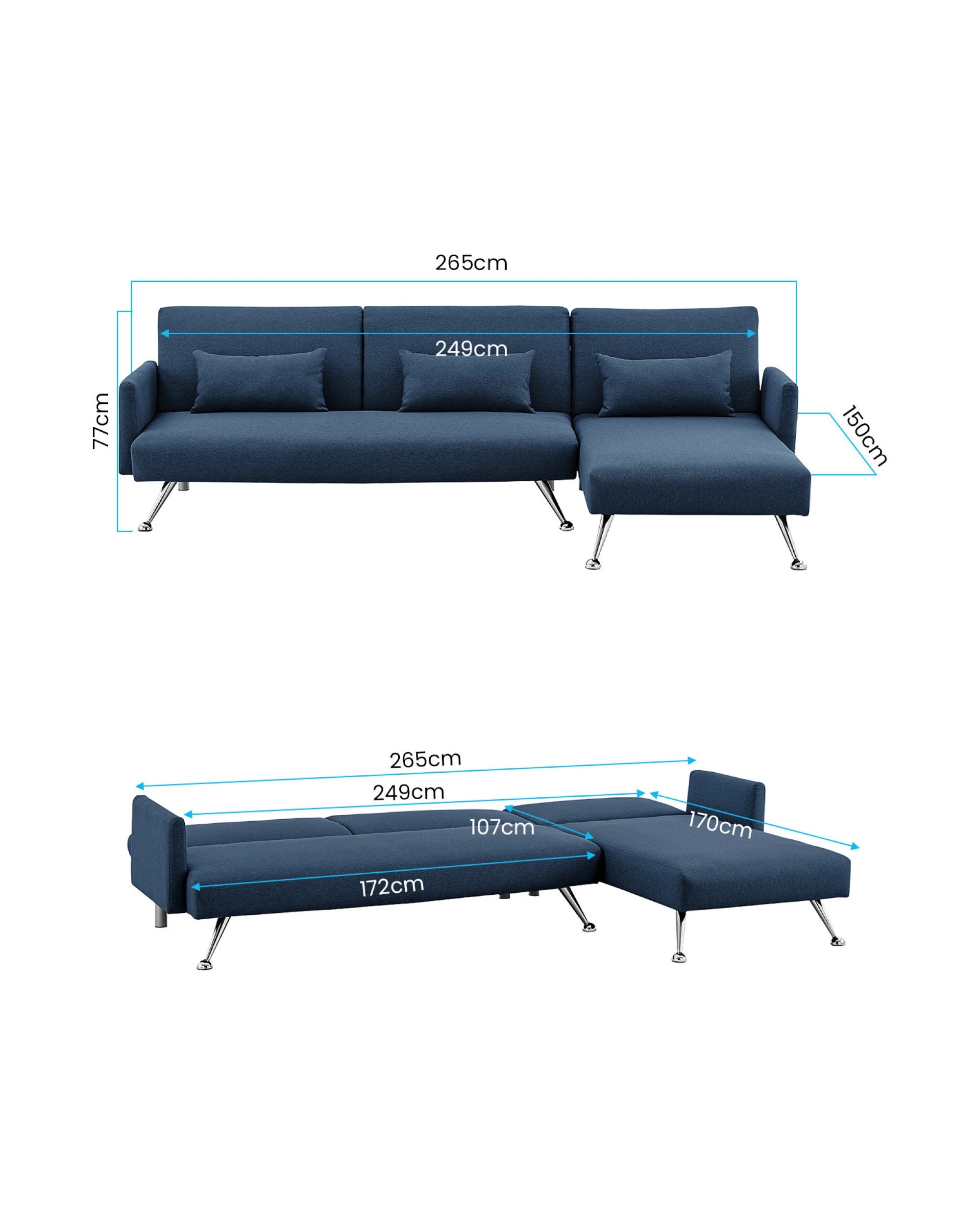 2 Mia 3-seater Sofa Bed With Chaise And 3 Pillows By Sarantino - Blue, 2 of 7