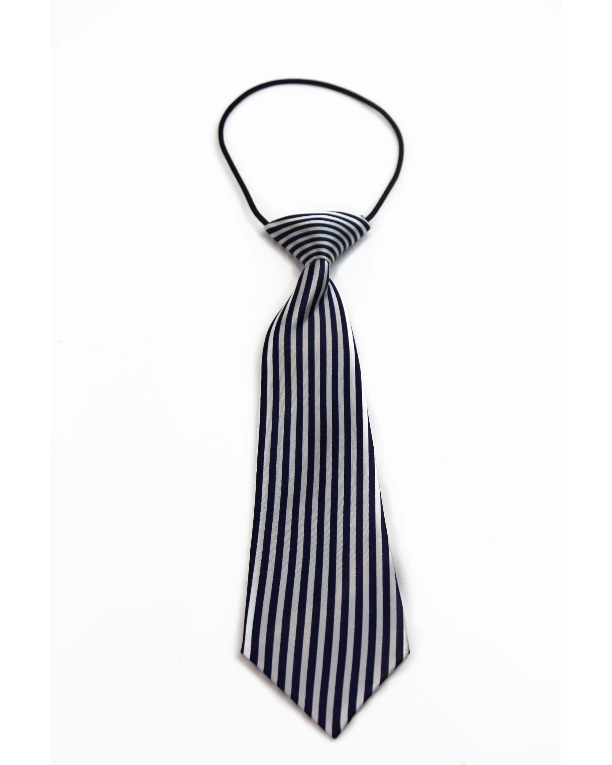 2 Zasel Kids Boys Navy & White Patterned Elastic Neck Tie - Vertical Thin Stripe, 2 of 2