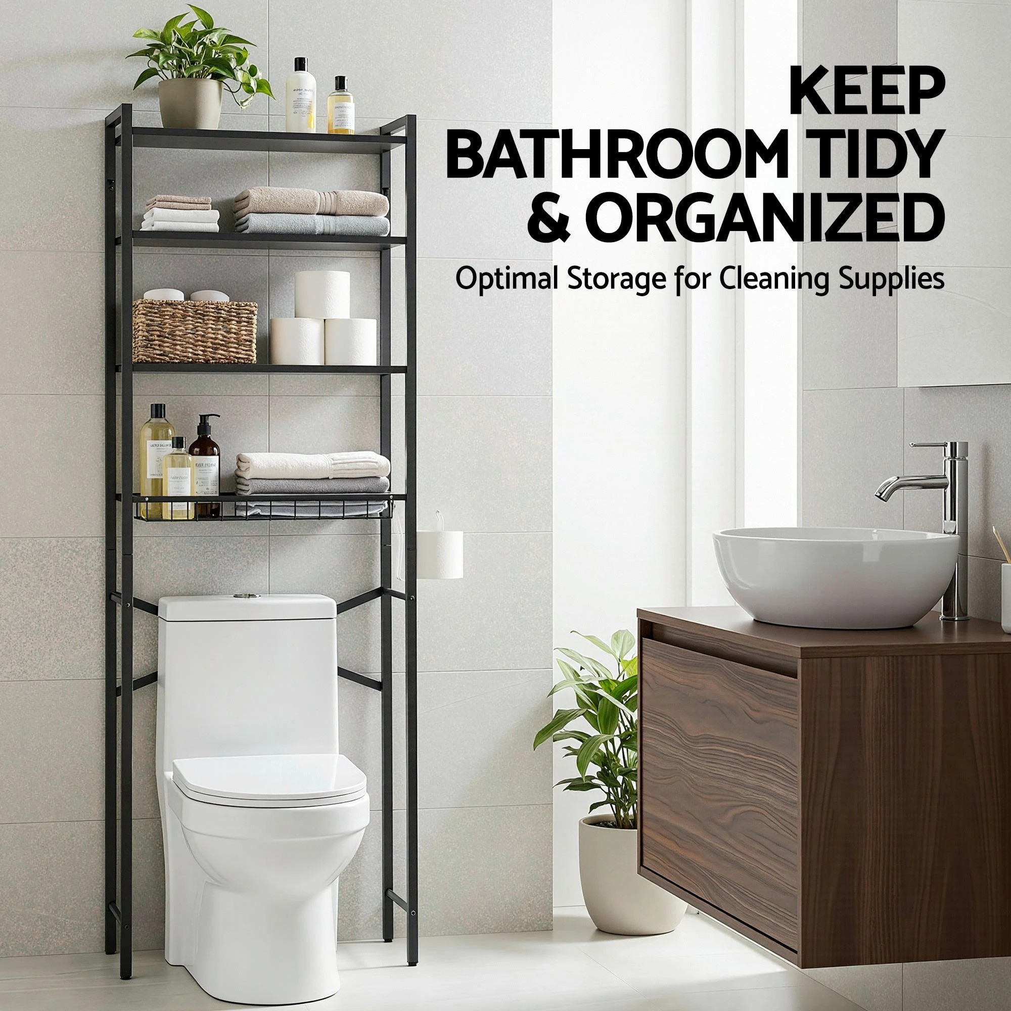 3 Artiss Over Toilet Bathroom Storage Rack Space Saving 4 Tier Organiser - Black, 3 of 6