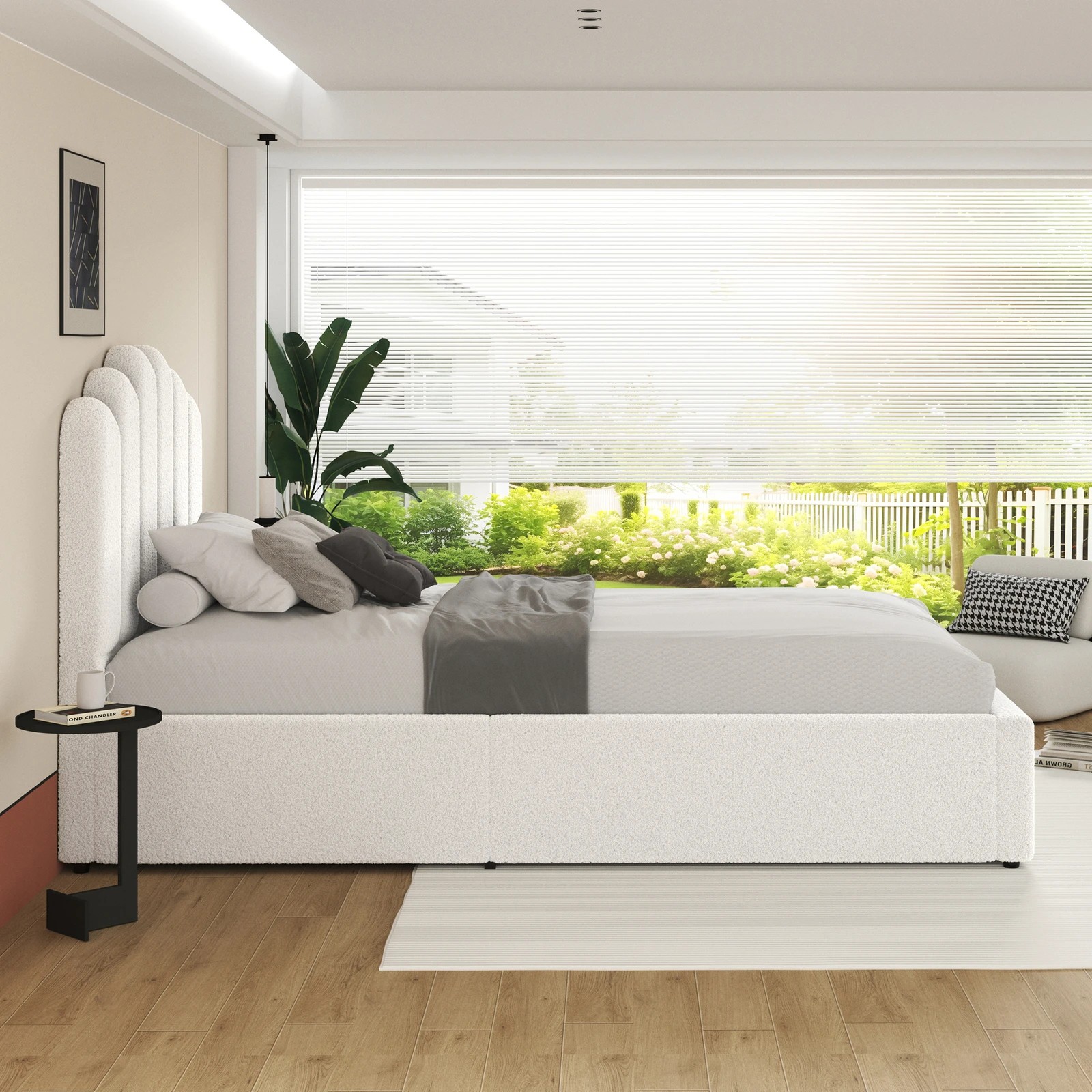 5 Alfordson Bed Frame Single Size Gas Lift Storage Base Wooden Boucle Milton - White, 5 of 10