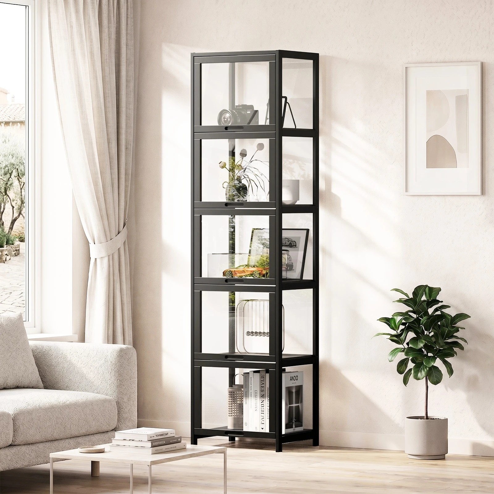 3 Oikiture Display Cabinet Storage 5-Tier Shelves Bookcase Clear Stand Rack - Black, 3 of 8