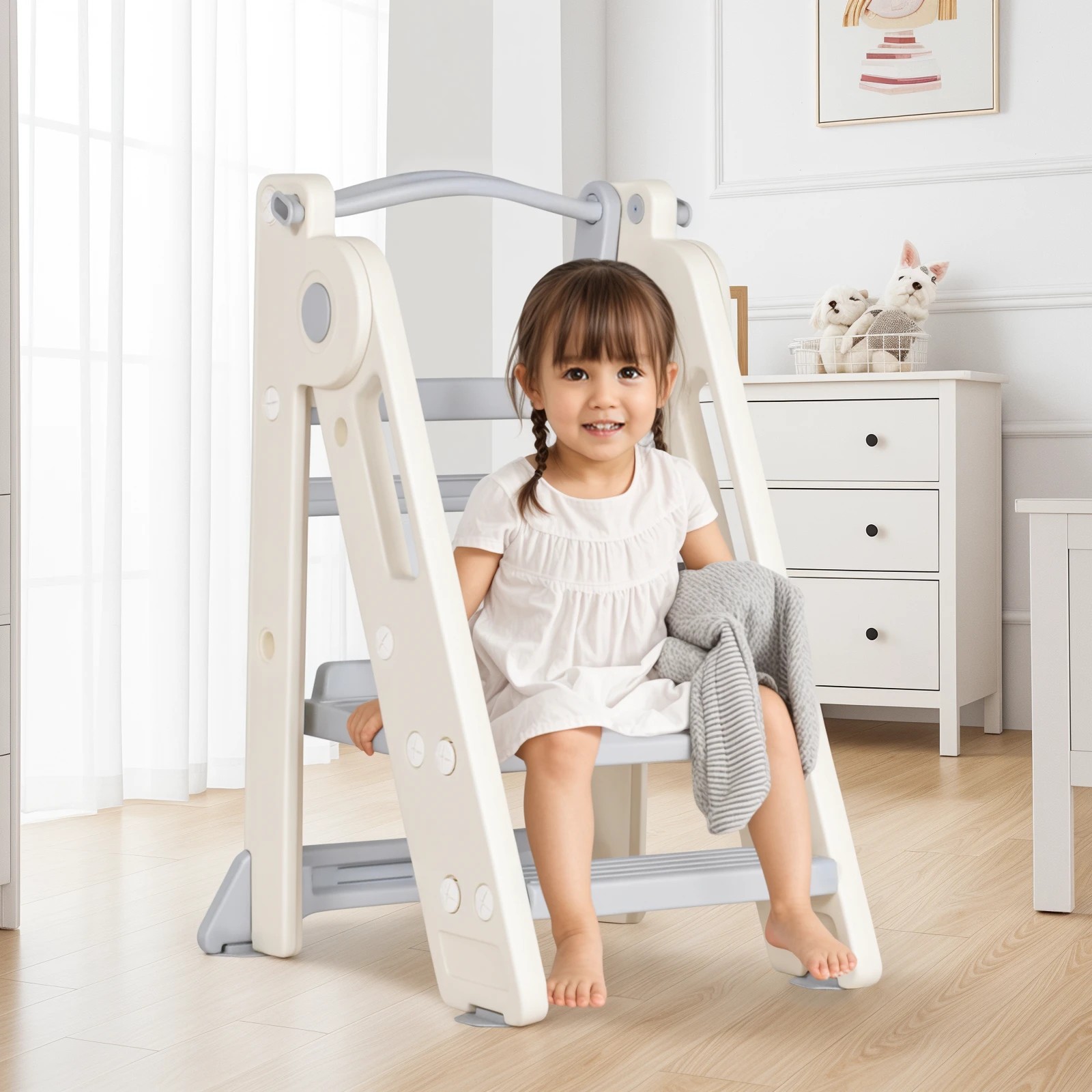 5 Advwin Foldable Kids Step Stool Sink Standing Tower with Safety Rail 2-3 Steps Adjustable Height Kitchen Helper, 5 of 8