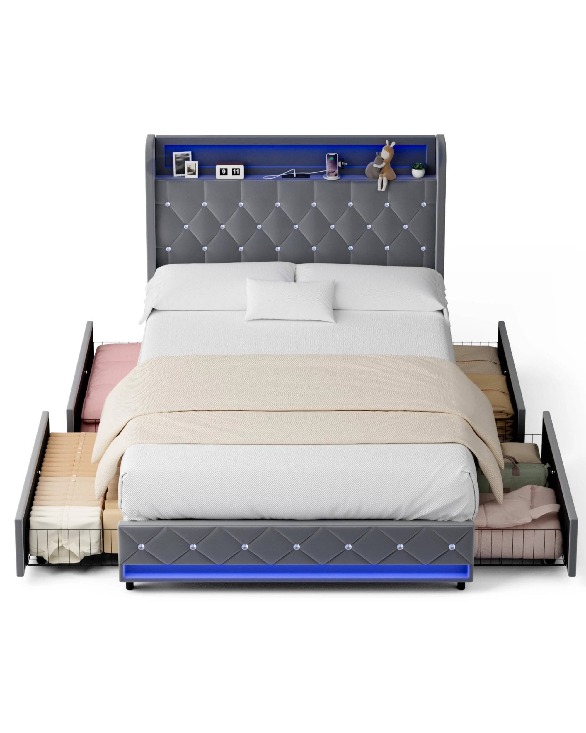 1 Advwin Double LED Bed Frame with Velvet Upholstered Headboard & Charging Station - Grey, 1 of 7