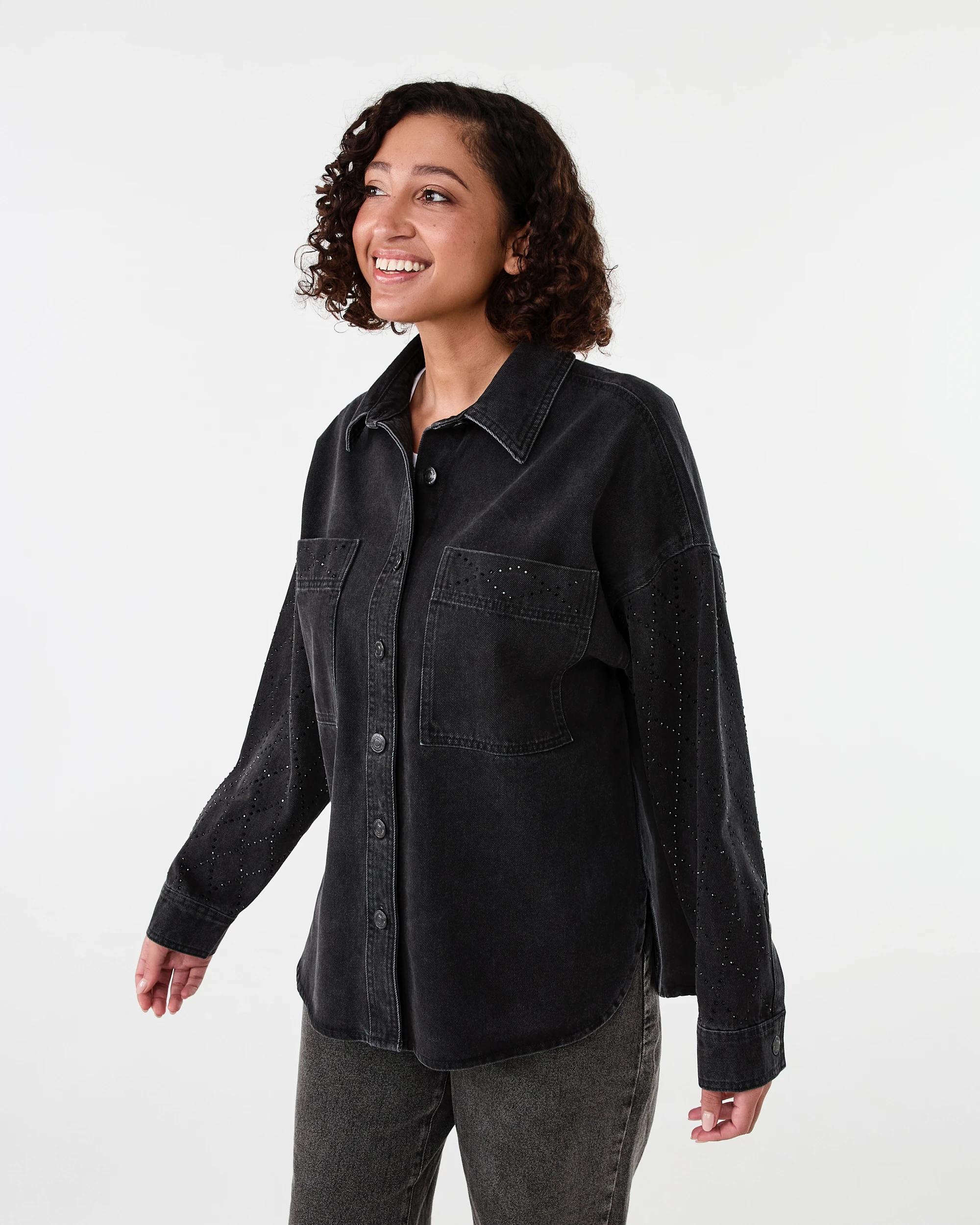 3 Long Sleeve Diamante Denim Shirt Black Wash, 3 of 9