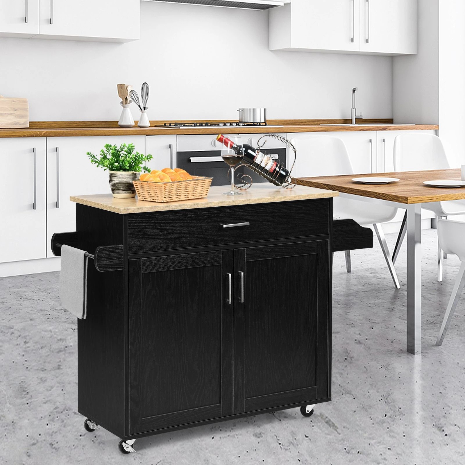 3 Costway Wooden Rolling Kitchen Island Black, 3 of 5