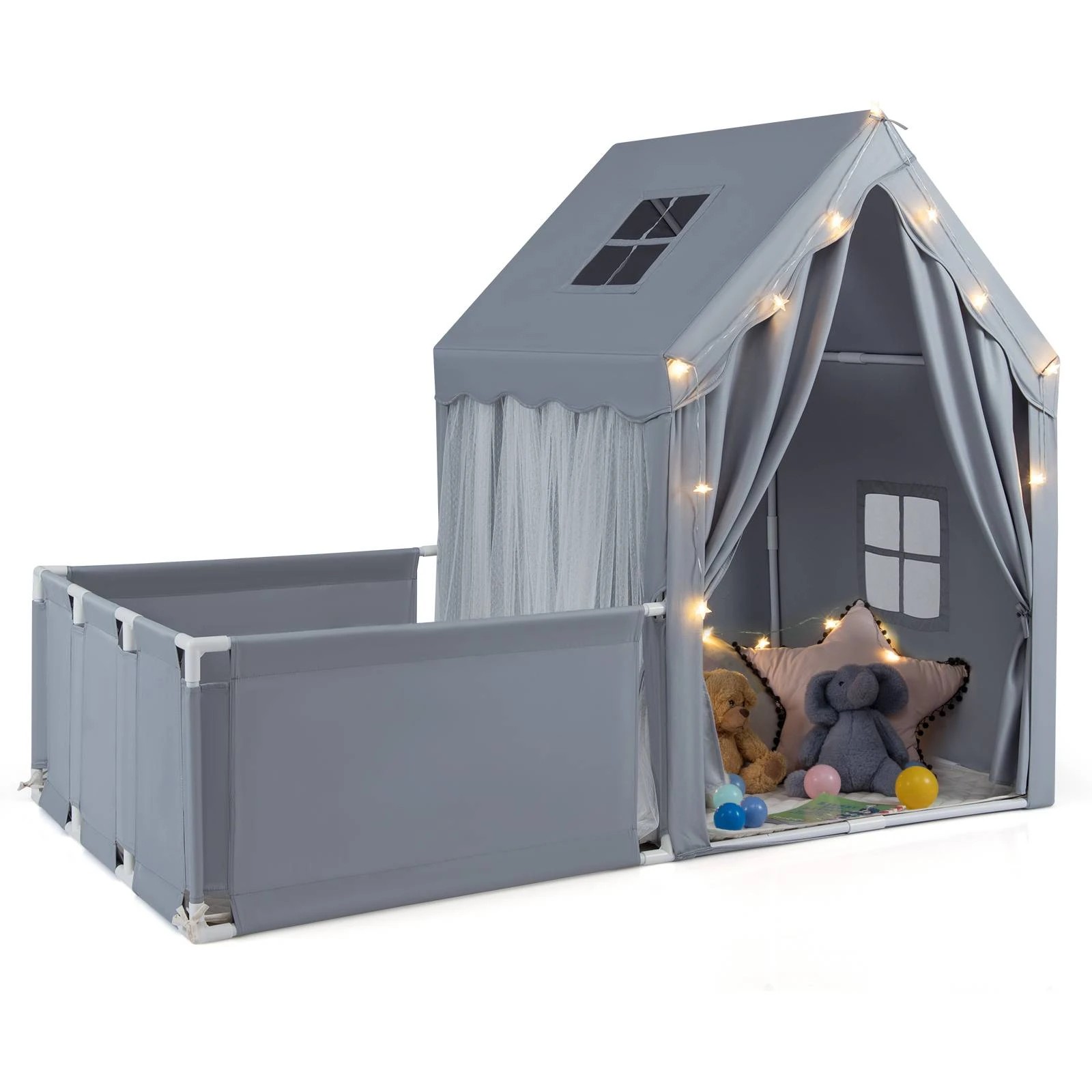 1 Costway Play Tent Mat & Yard Set Playpen w/Door Curtains - Grey, 1 of 1