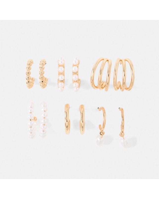 6 Pack Mini Faux Pearl Earrings - Gold 