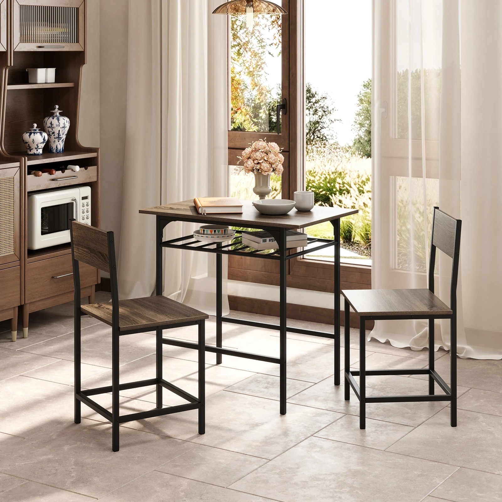 2 Costway 3PCS Kitchen Rectangular Dining Table Chair Set w/Metal Frame & Storage Rack - Grey, 2 of 4