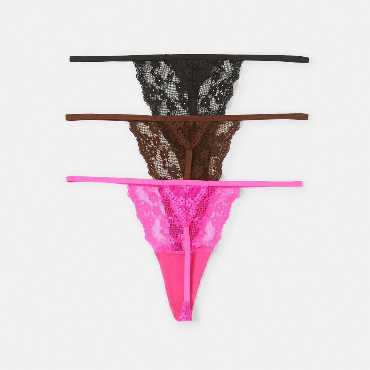 2 3 Pack Lace G-String Briefs BLACK, HIBISCUS PINK, CHOCOLATE, 2 of 8