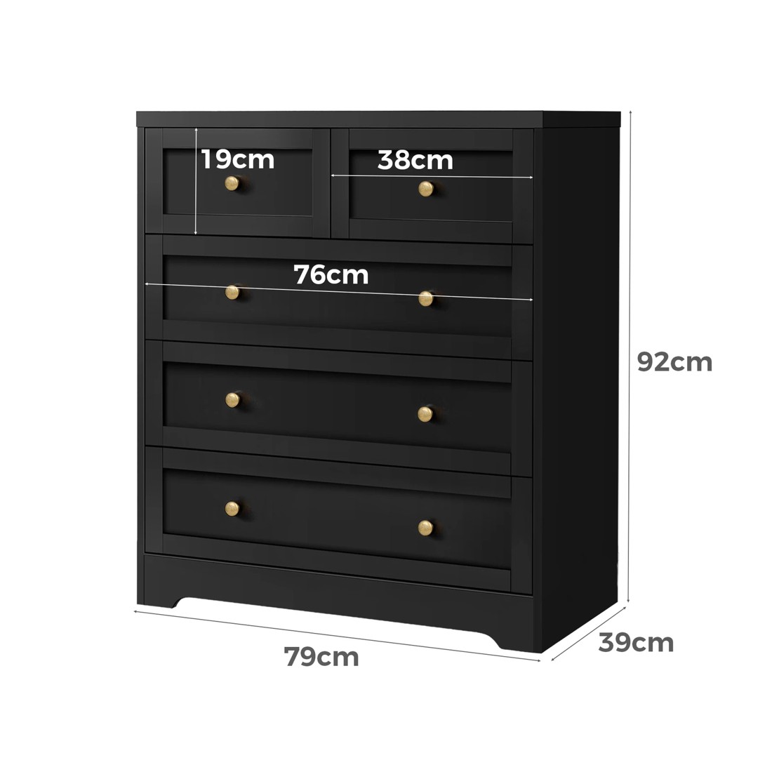 7 Alfordson 5 Chest of Drawers Hamptons Storage Cabinet Dresser Tallboy - Black, 7 of 8