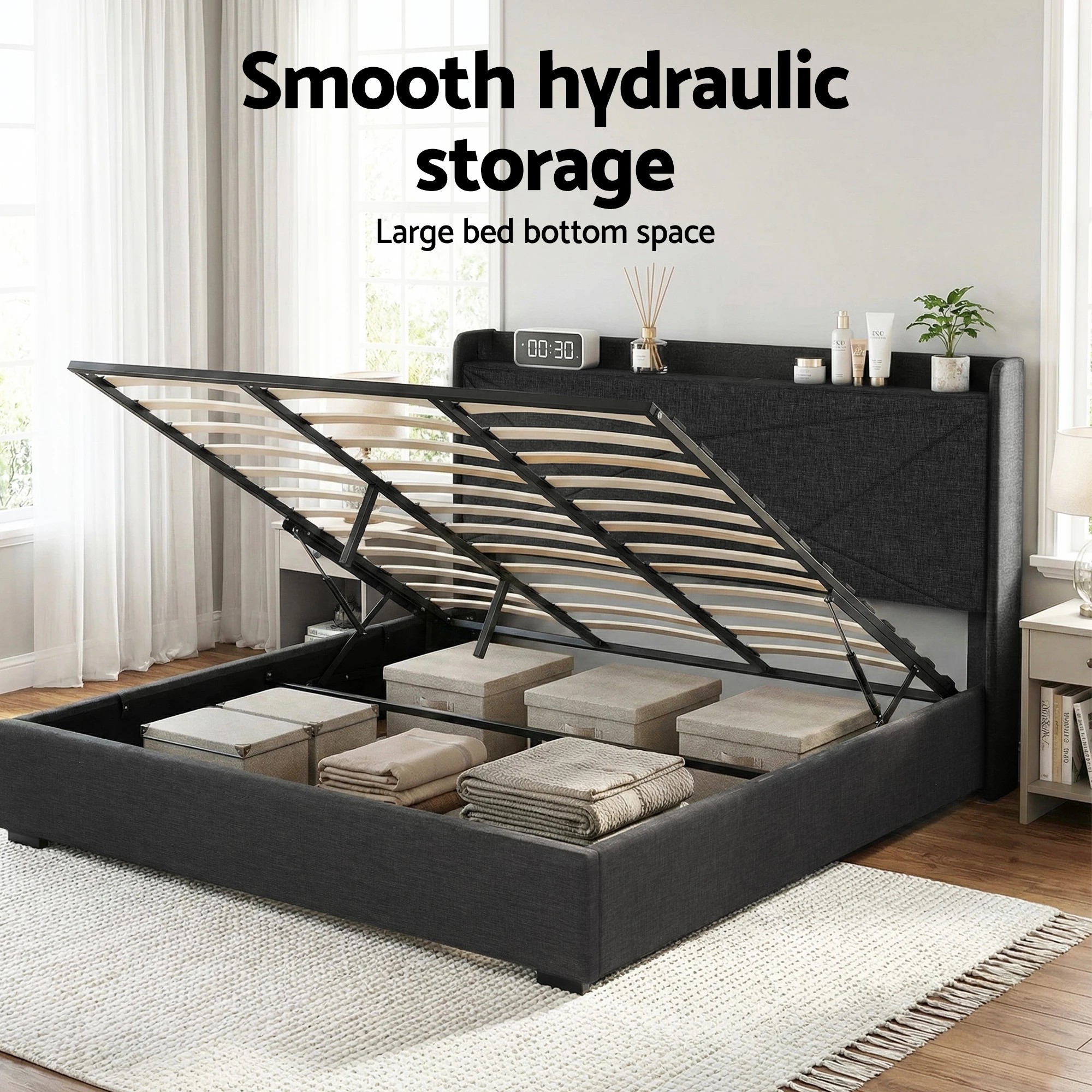 5 Artiss King Bed Frame Gas Lift Storage Bed with Charging Ports Upholstered Geometric Headboard - Black, 5 of 7