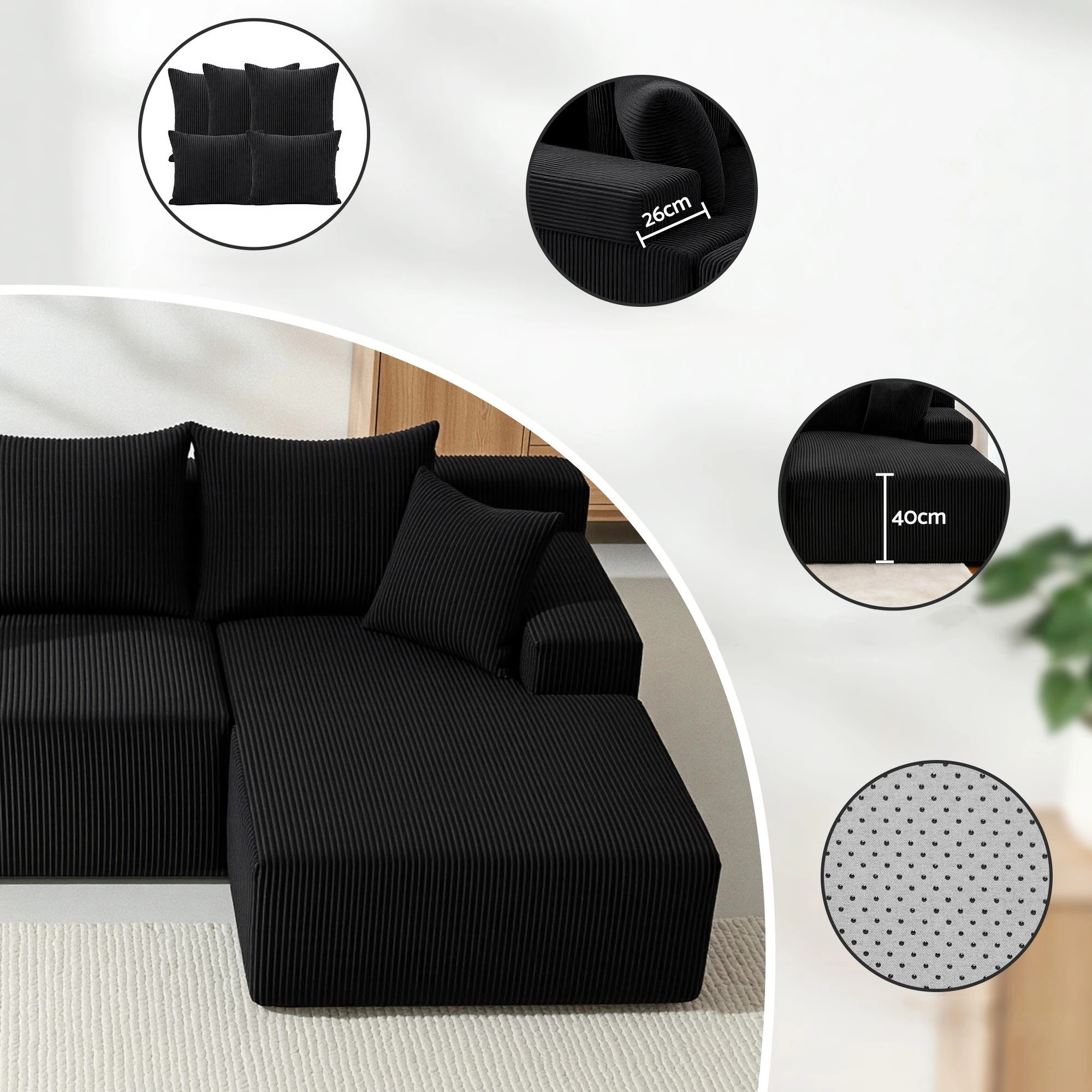 8 Artiss Modular Sectional Sofa Bed Convertible L-Shaped Couch with Deep Seat for - Black, 8 of 10