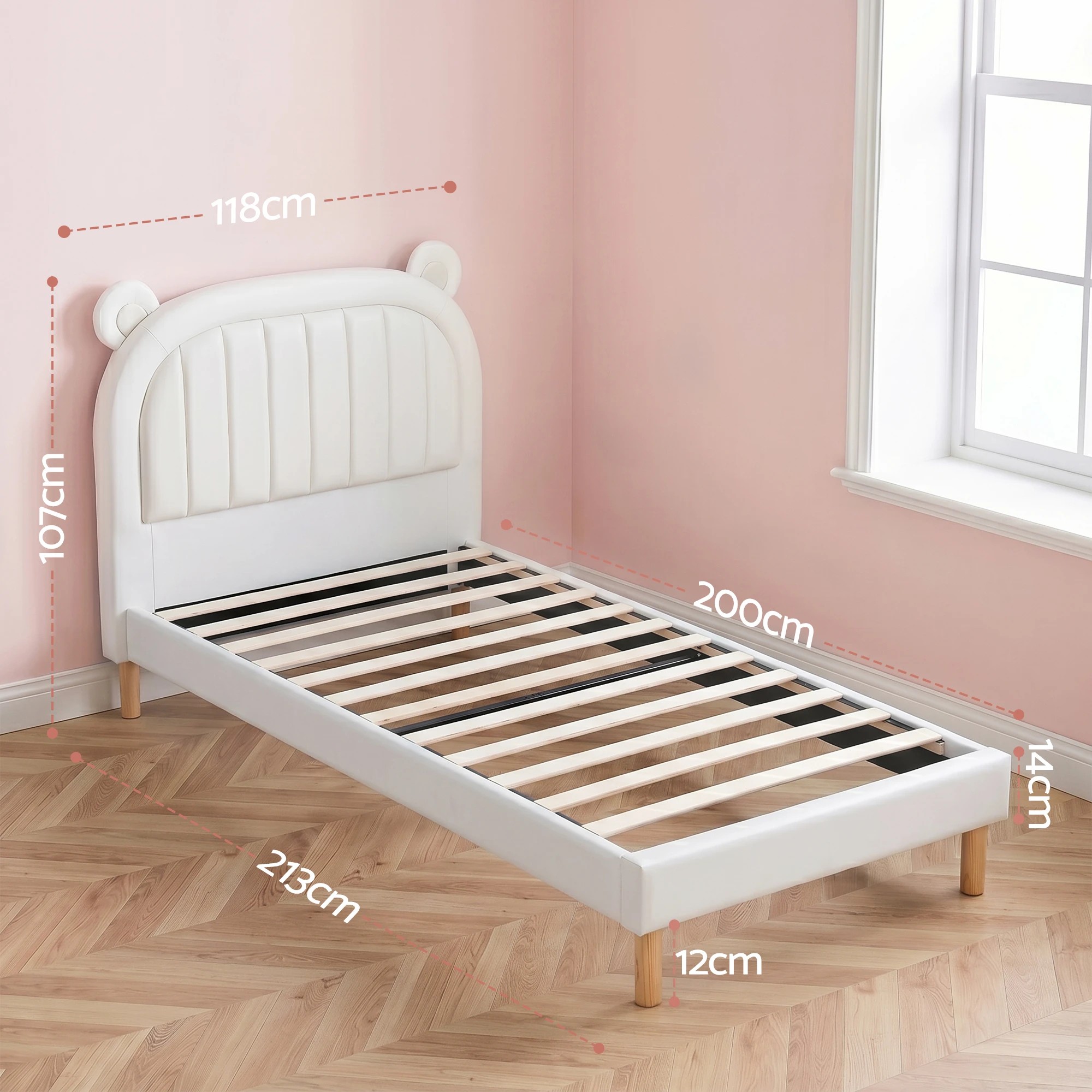 2 Artiss Kids King Single Bed Frame Bear Ears Headboard Upholstered Leather Platform Bed for Child - White, 2 of 8