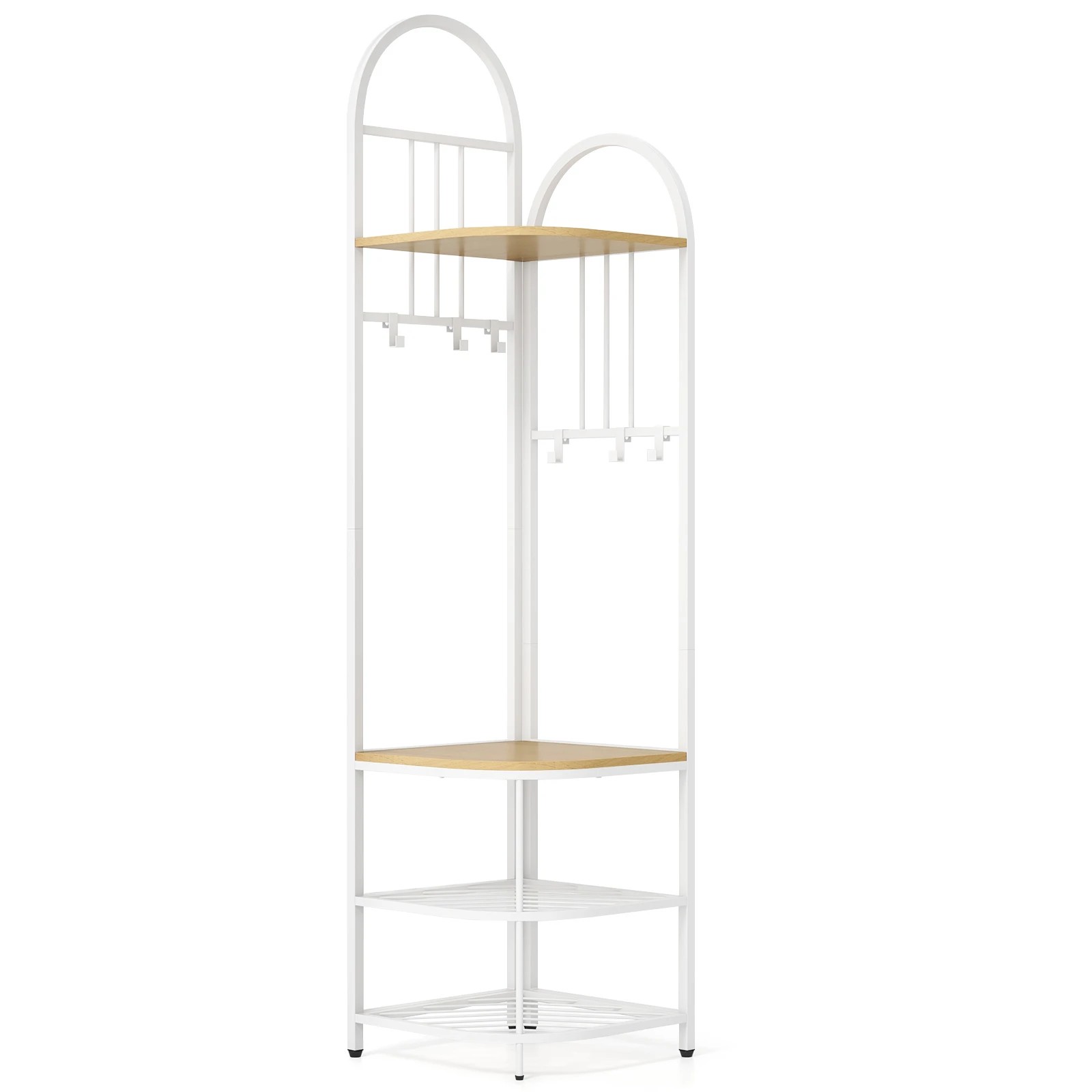 1 Costway 4-Tier Coat Rack 180cm Corner Hall Tree w/Shoe Storage Bench & 6 Removable Hooks - White, 1 of 3