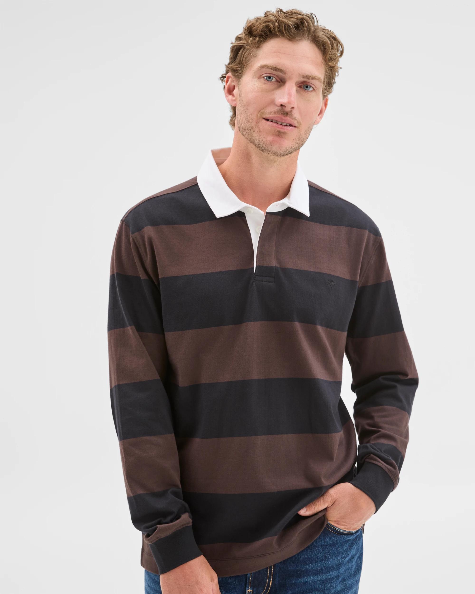 2 Target Man Australian Cotton Long Sleeve Rugby Polo Top CHOCOLATE STRIPE, 2 of 8