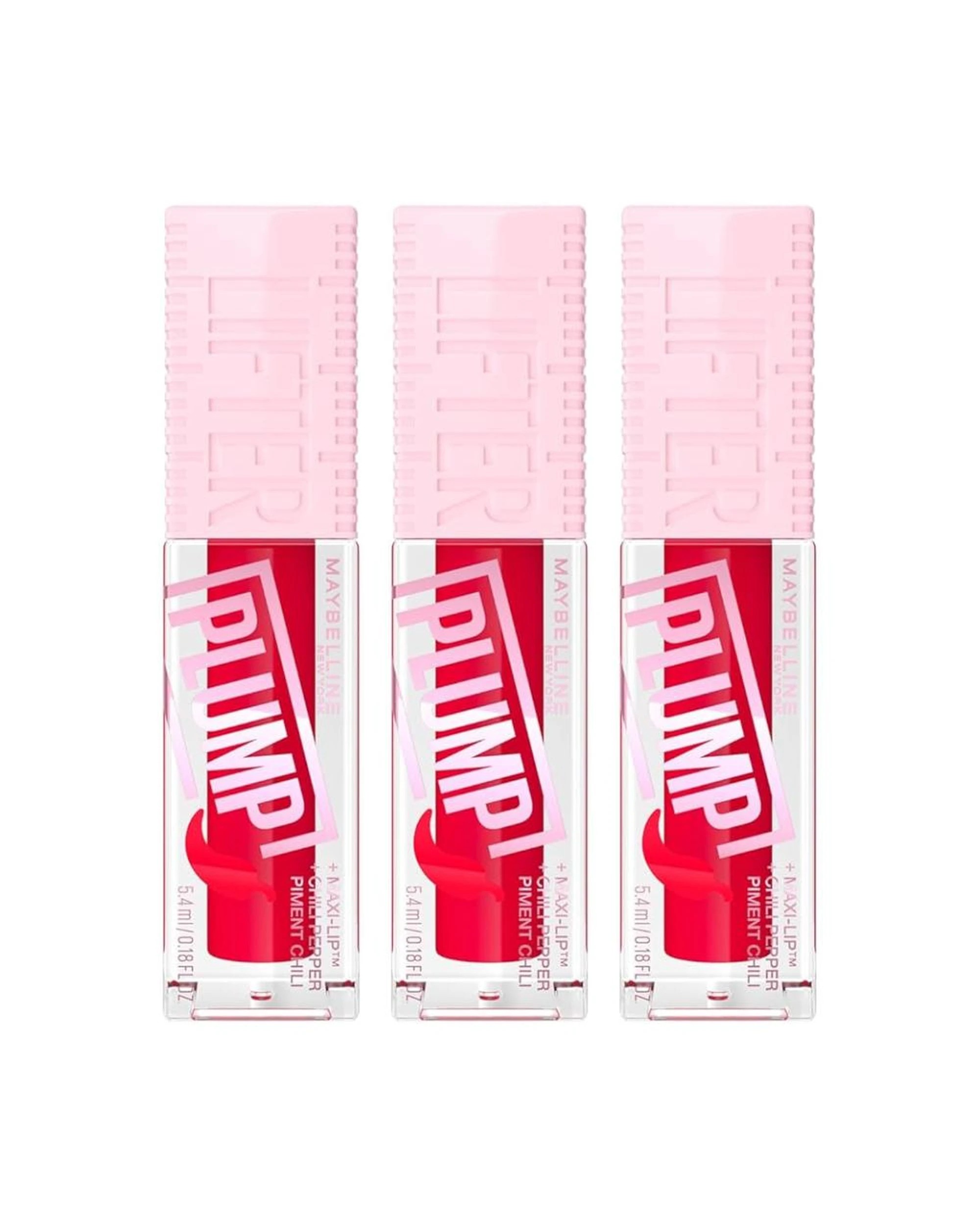 1 3 x Maybelline Lifter Plump Gloss Plumping Lip Gloss 5.4mL - 004 Red Flag - Red, 1 of 8