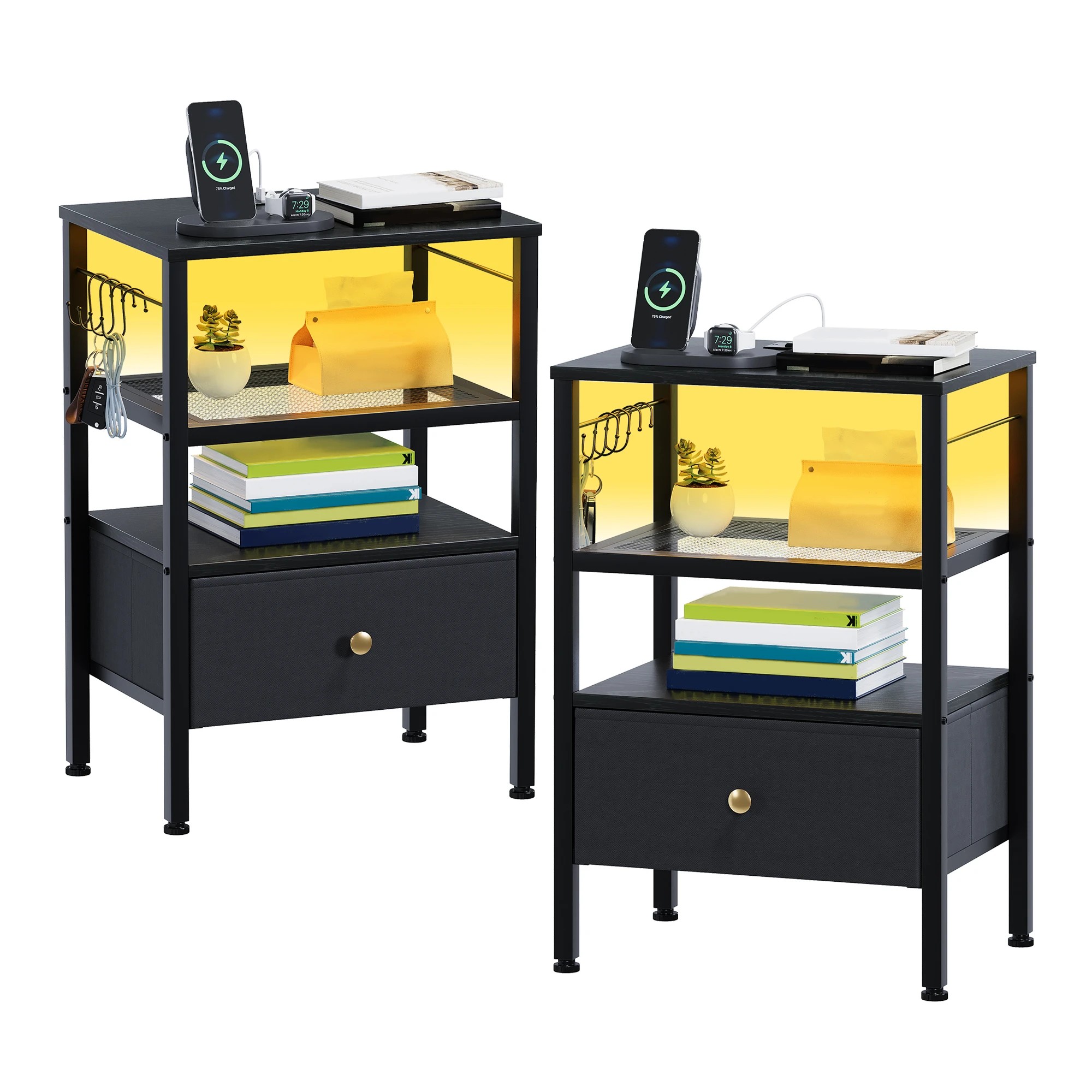 1 Advwin Set of 2 Bedside Table with Charging Station LED Lights Drawer - Black, 1 of 7