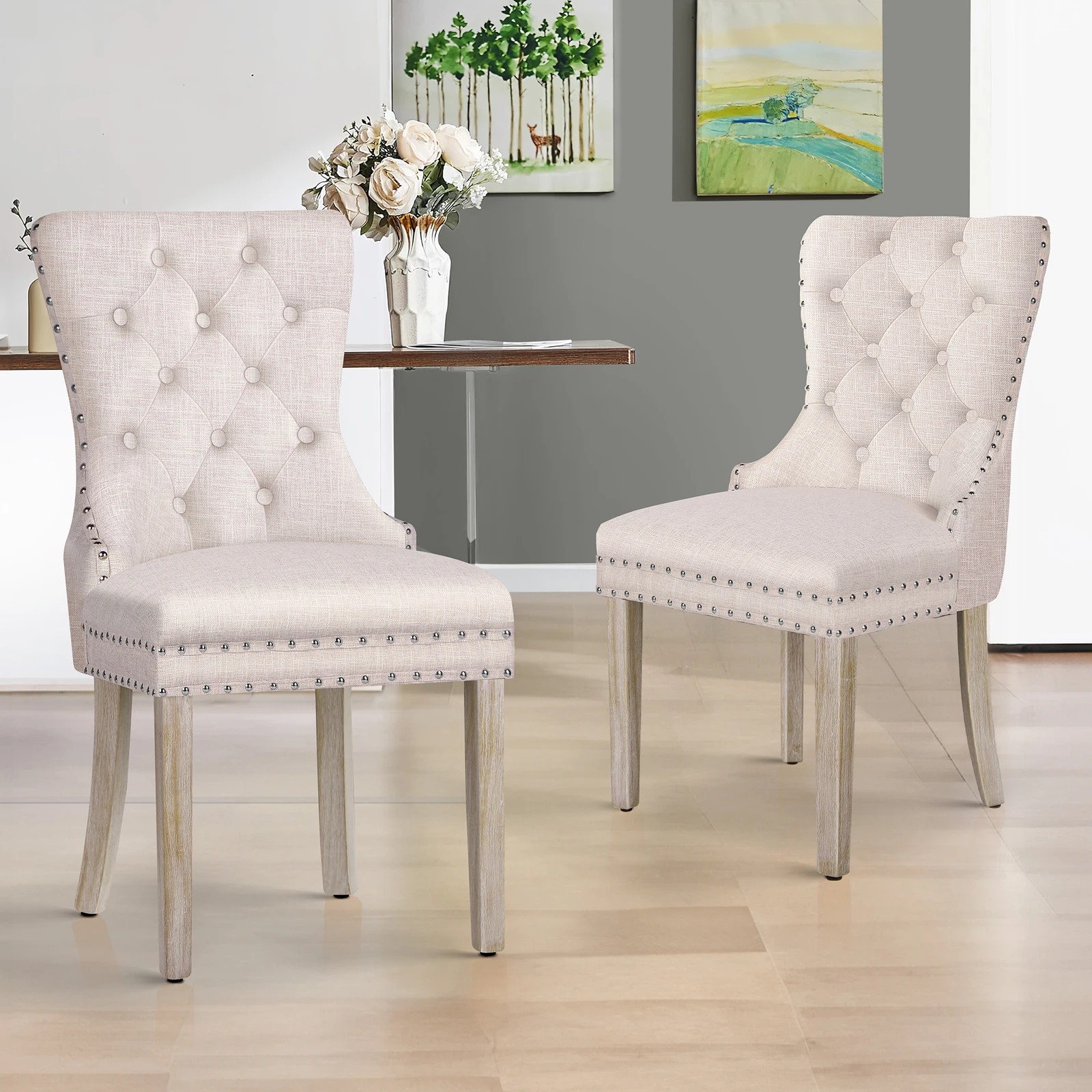 2 Alfordson 2x Dining Chairs Kitchen Lounge Padded Diamond Tufted Fabric - Beige, 2 of 4