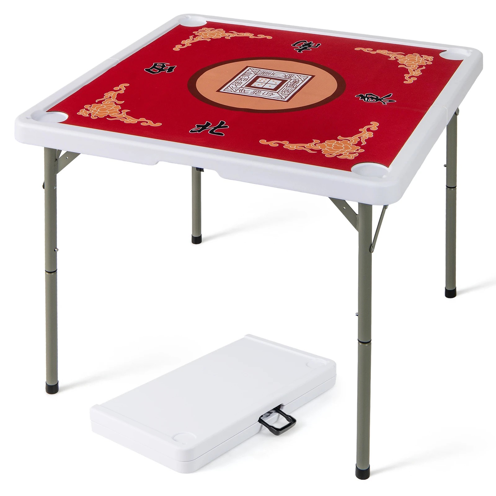 1 Costway 90cm Folding Mahjong Table 4 Player Poker Domino Game Card Table w/Cup Holders - Red, 1 of 3