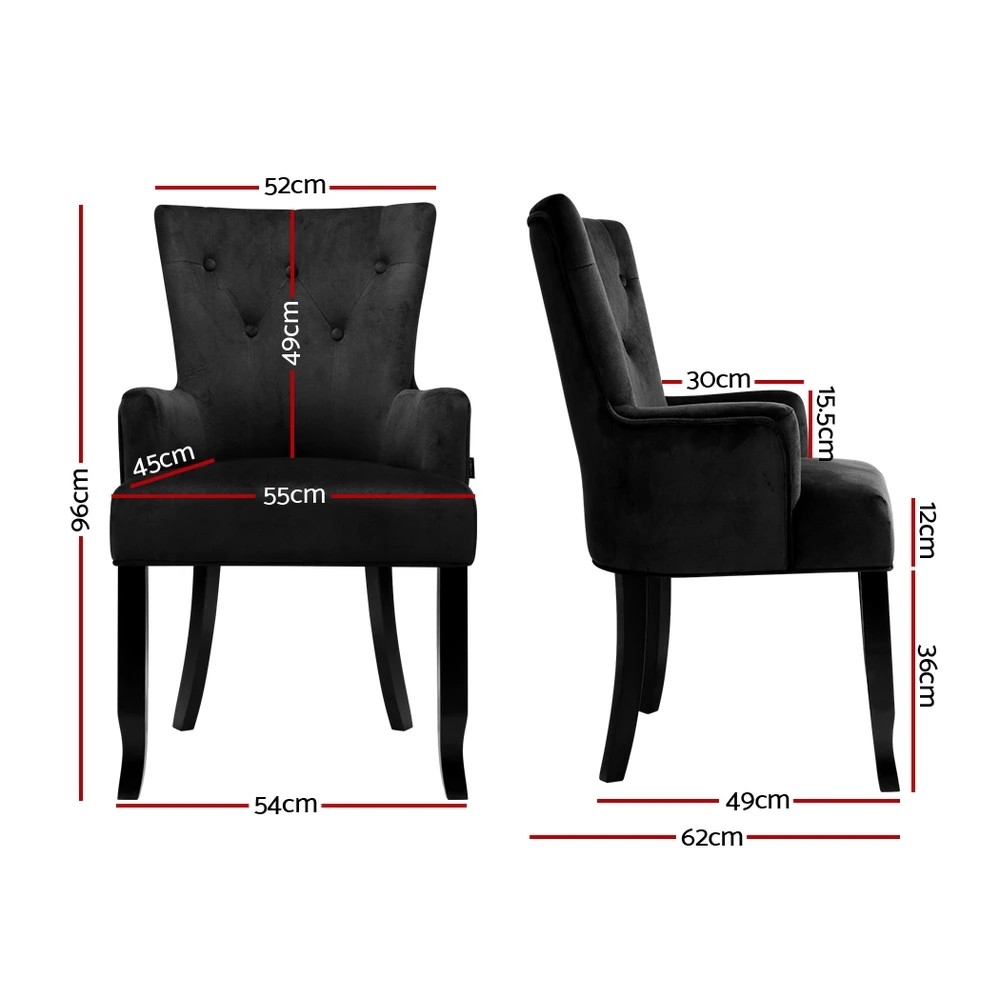 2 Artiss Dining Chair Velvet French Provincial Armchair - Black, 2 of 5