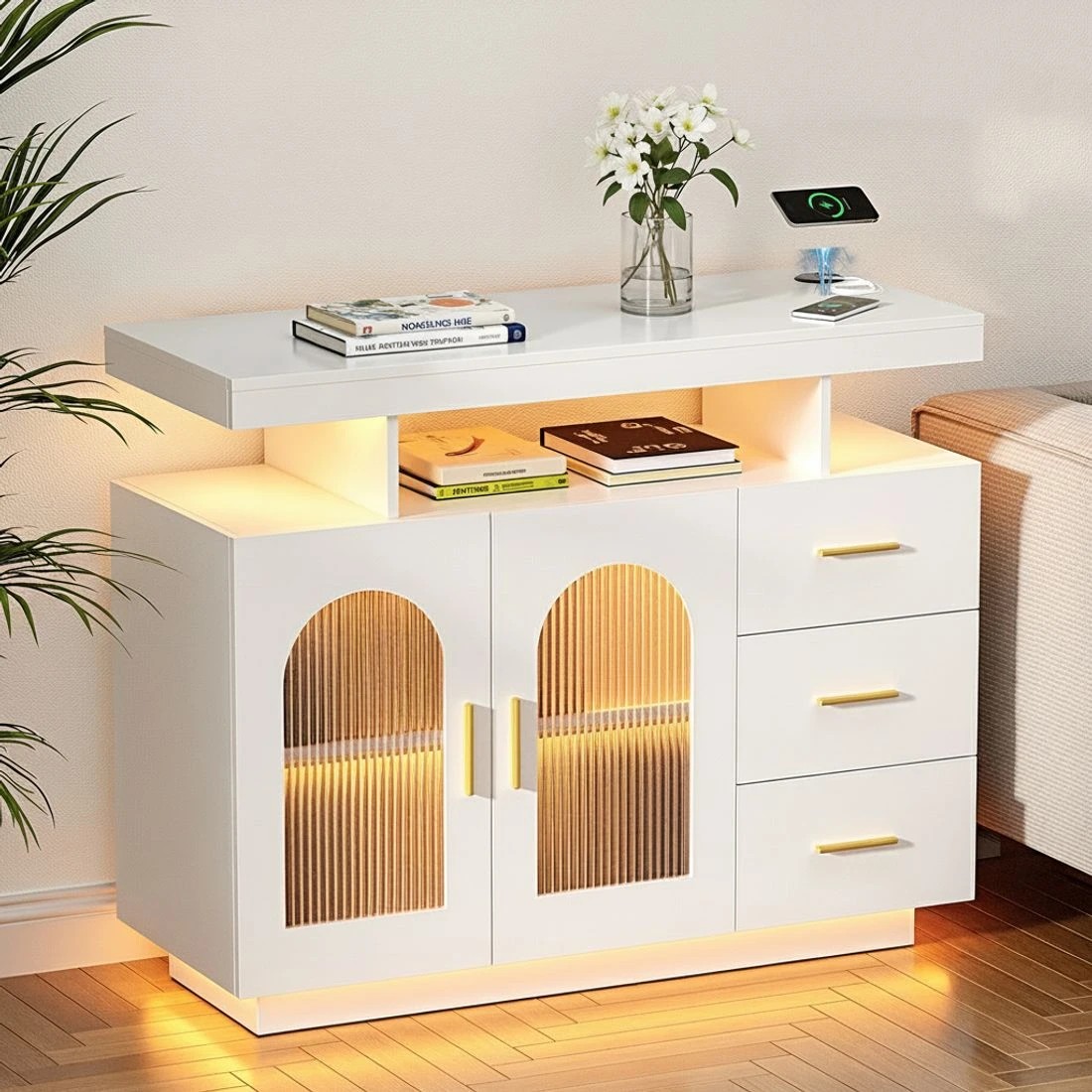 4 Artiss Buffet Sideboard Cabinet LED Clear Door Kitchen Storage Drawers - White, 4 of 6