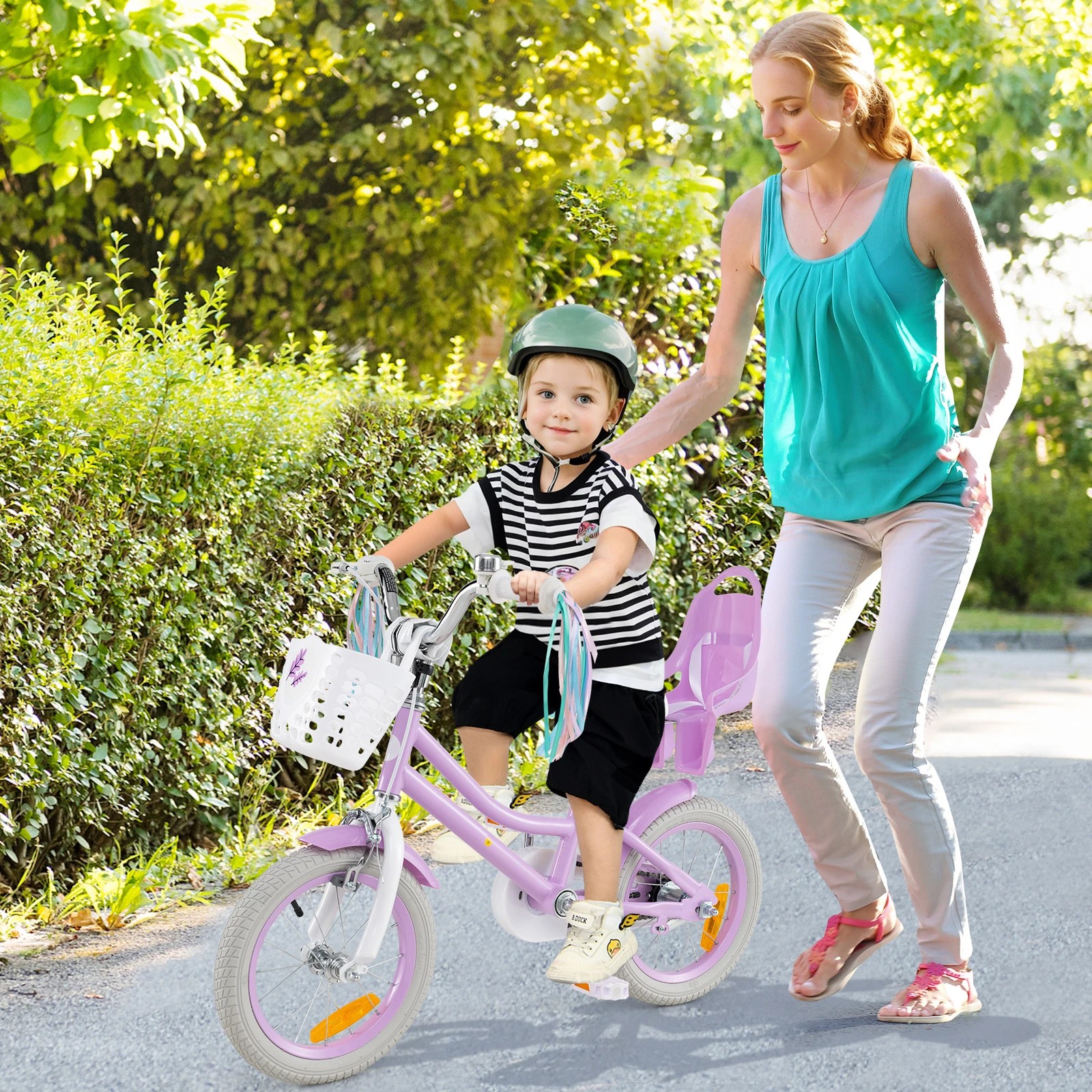 3 Costway 36cm Kids Bike Bicycle Ride-on w/Training Wheels & Doll Seat & Front Basket Beginner - Purple, 3 of 3