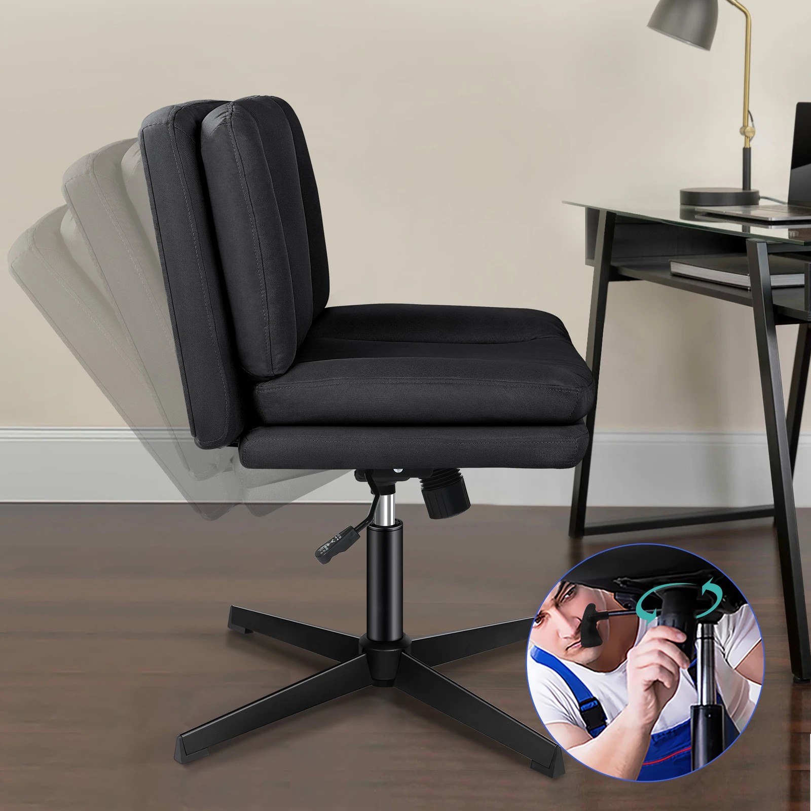 3 Alfordson Armless Office Desk Chair Mid Back Wide Seat Fabric - Black, 3 of 7