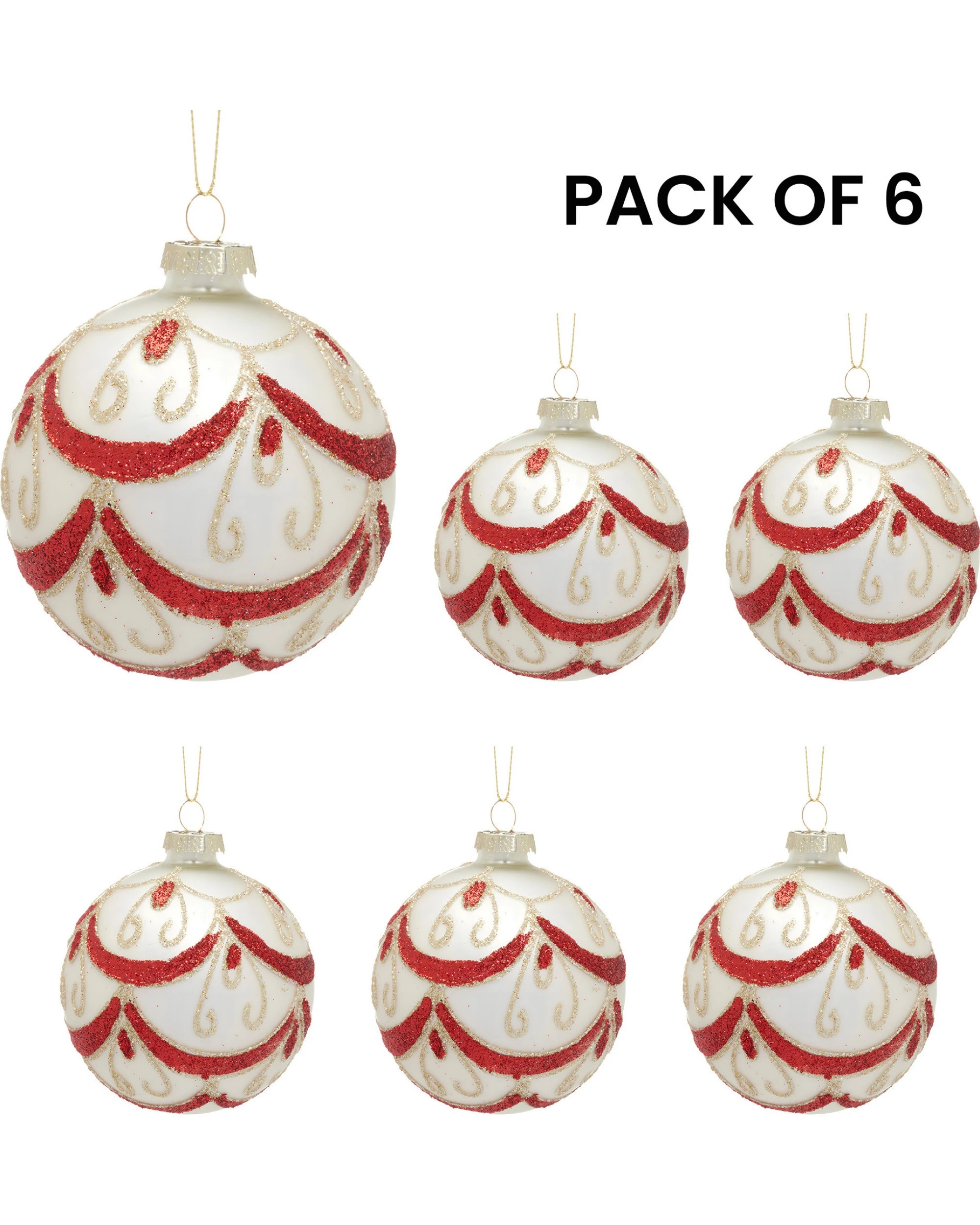 5 Christabelle White Glass Baubles 6Pcs with Red and Champagne Sparkle Swirls Balls Christmas Tree Decoration Ornament, 5 of 8