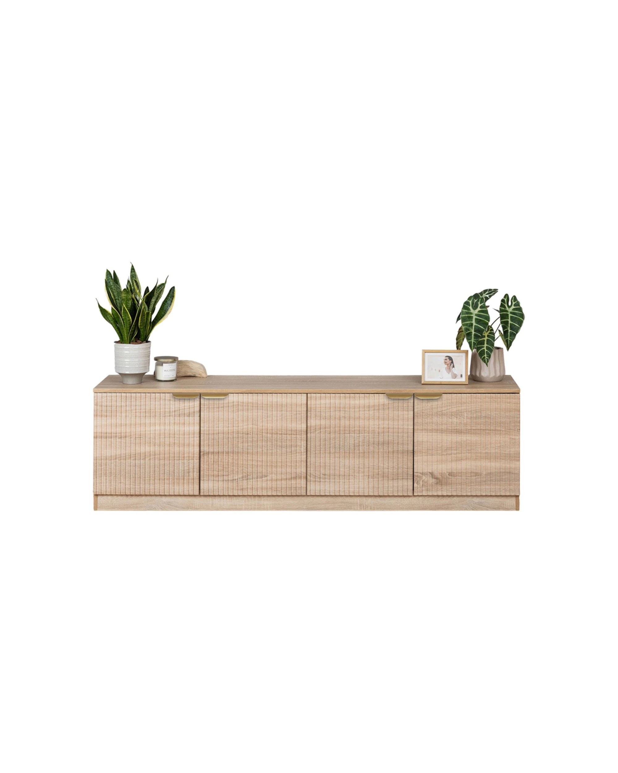 2 European Cabinetry Bucharest Oak Fluted Panel TV Unit Brass Pull Handle - Natural, 2 of 4