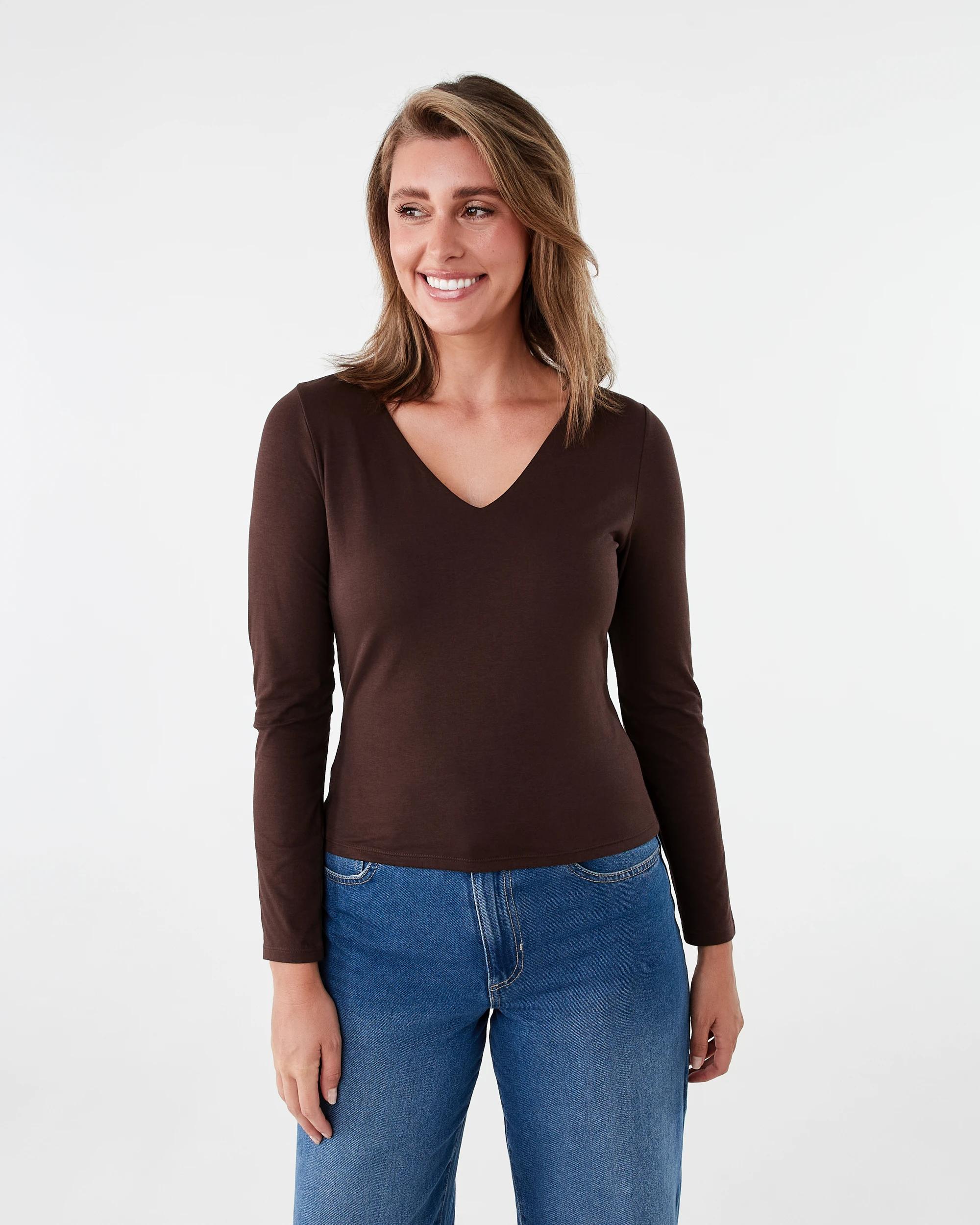 1 Long Sleeve V-Neck Top Melt Brown, 1 of 5