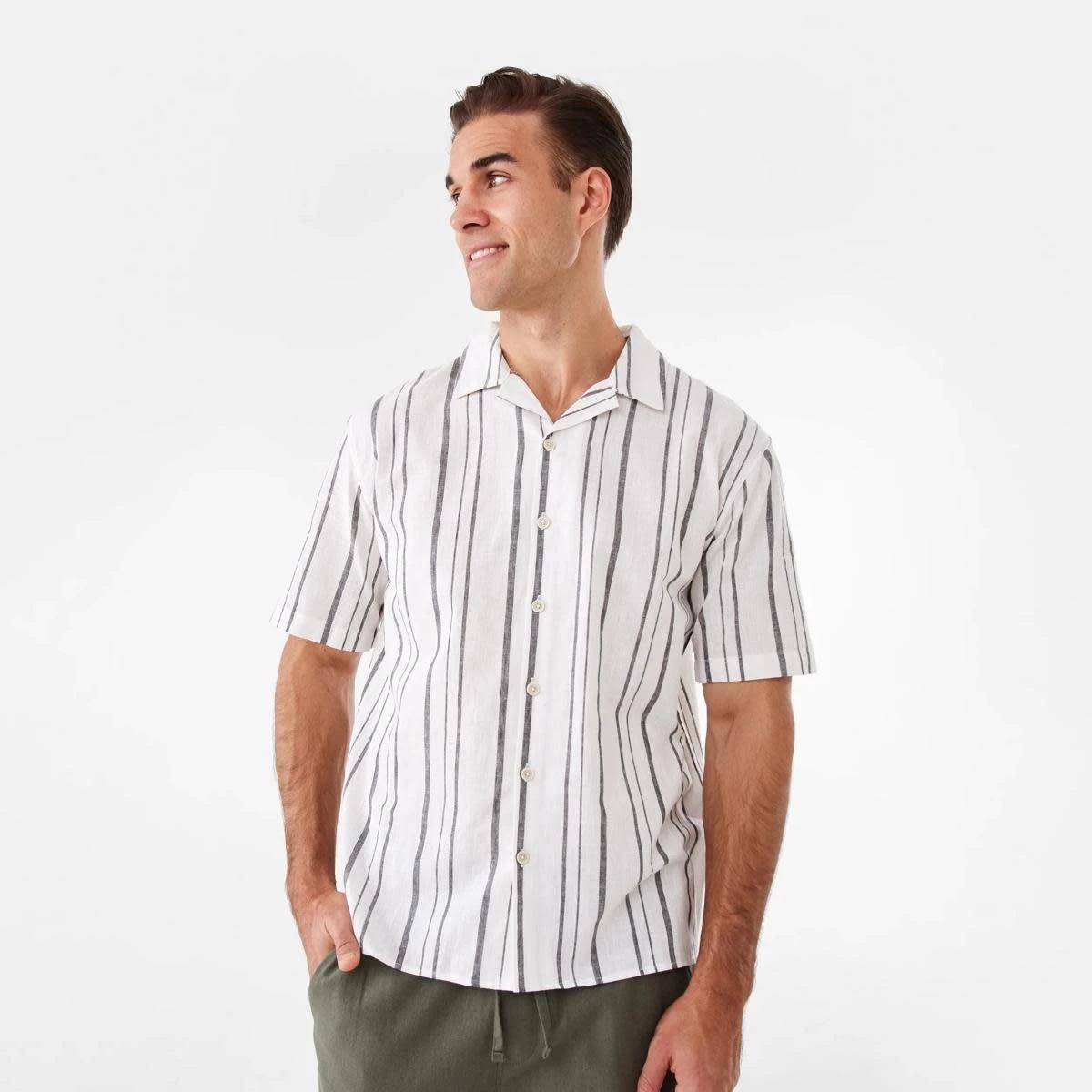 1 Short Sleeve Cotton Linen Stripe Shirt LINEN STRIPE, 1 of 9